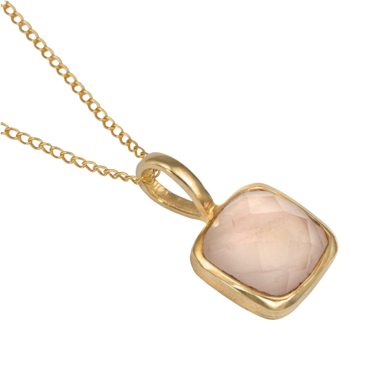 Gold Plated Sterling Silver Pendant Necklace with a Faceted Square Gemstone - Rose Quartz