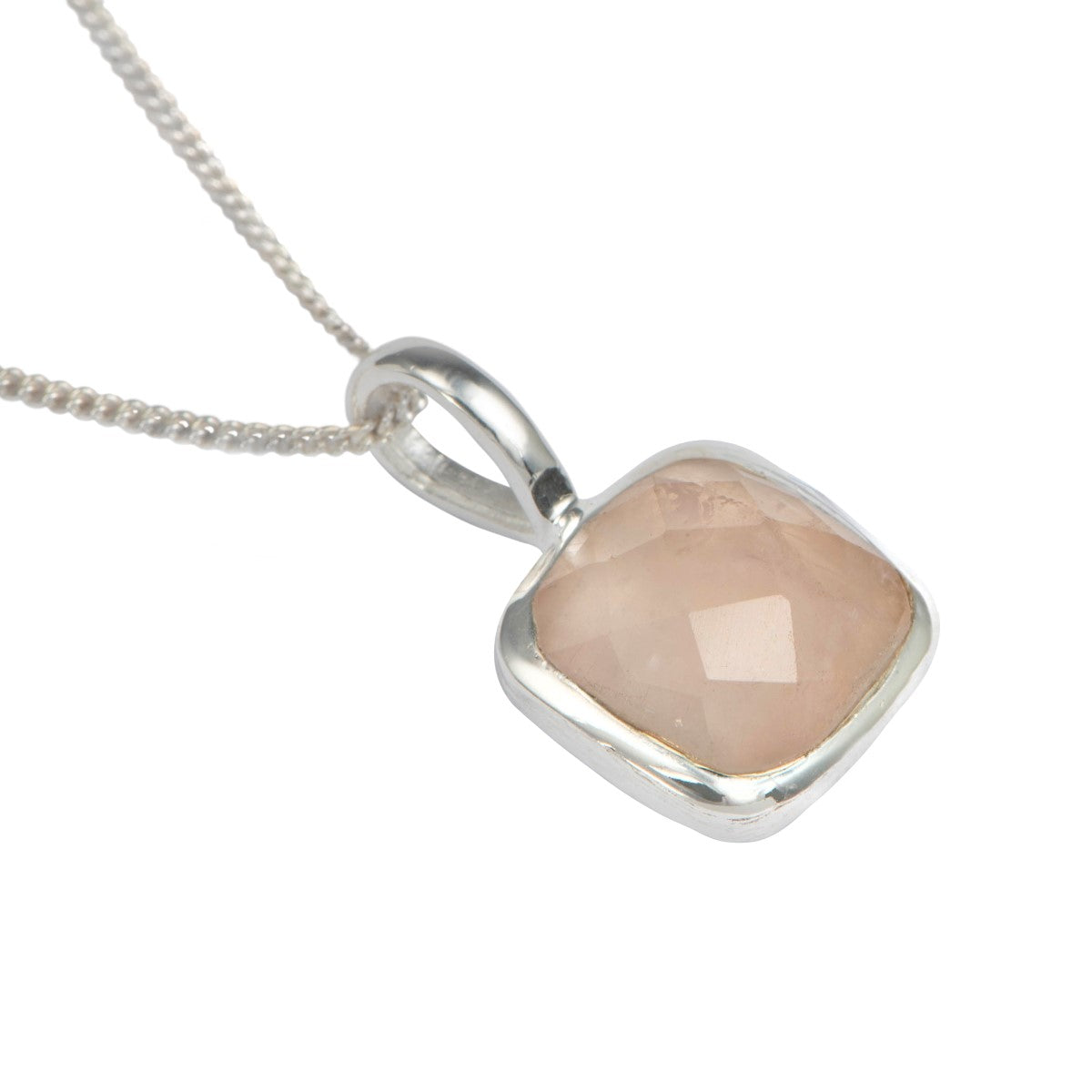 Sterling Silver Pendant Necklace with a Faceted Square Gemstone - Rose Quartz