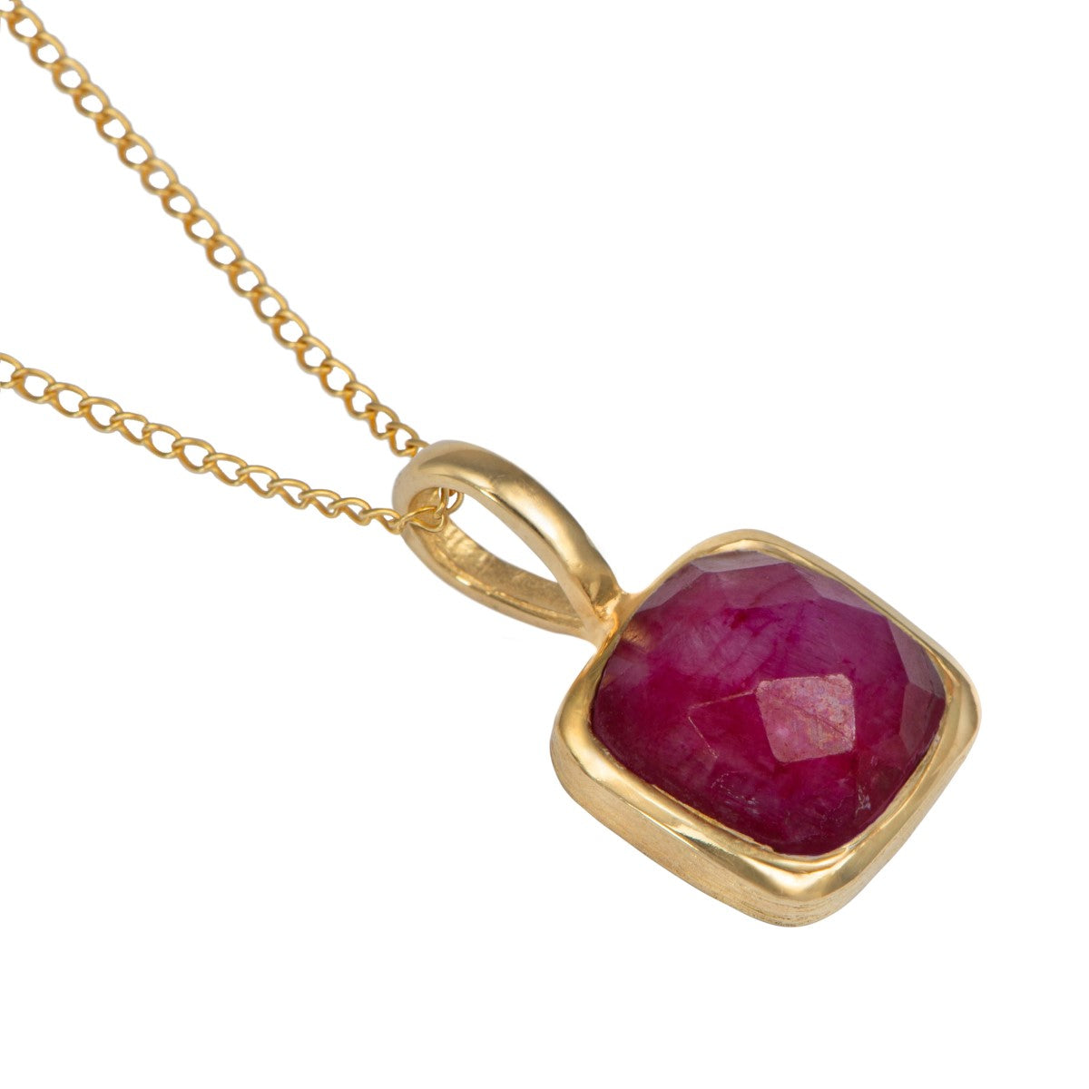 Gold Plated Sterling Silver Pendant Necklace with a Faceted Square Gemstone - Ruby Quartz