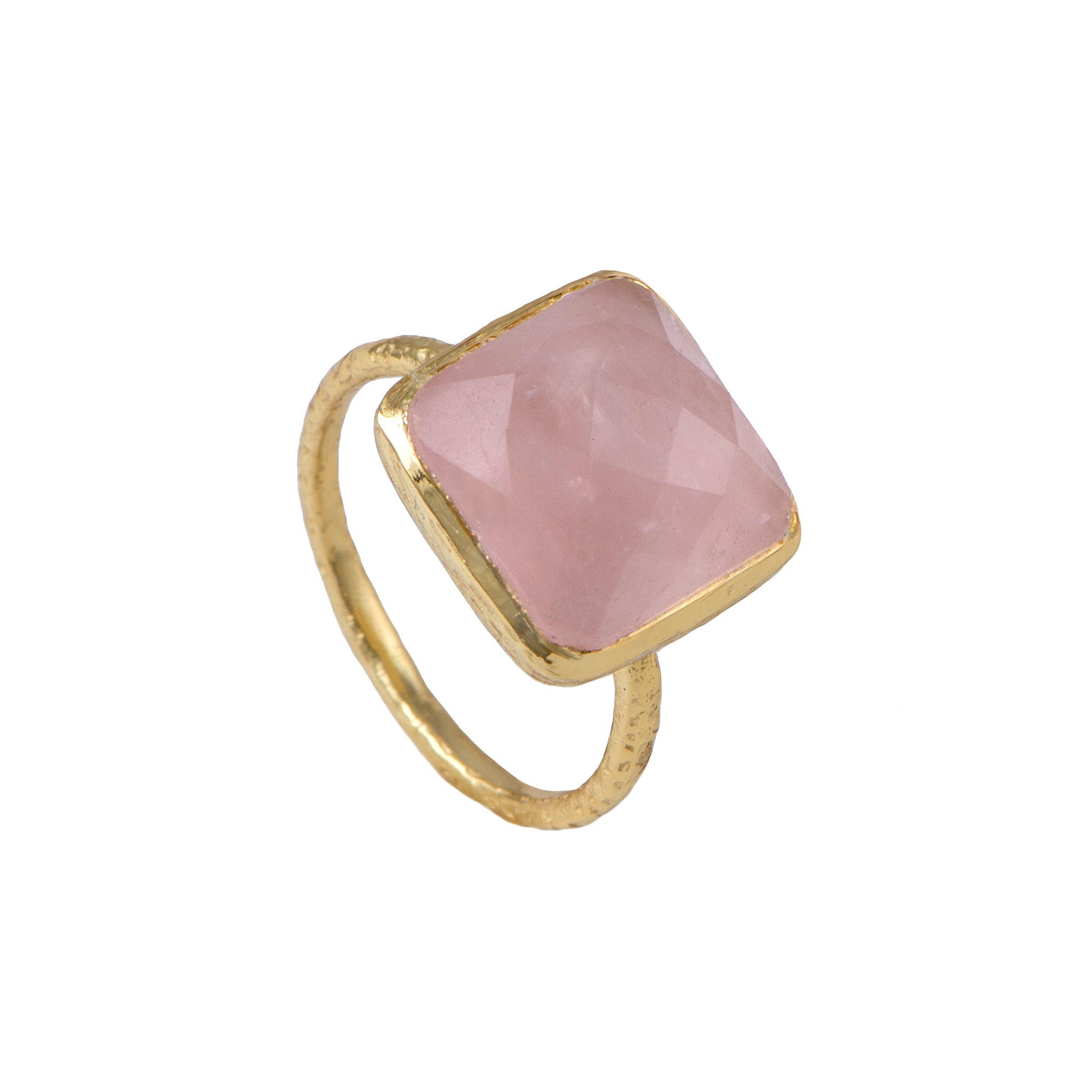 Gold Plated Silver Ring with Square Semiprecious Stone - Rose Quartz