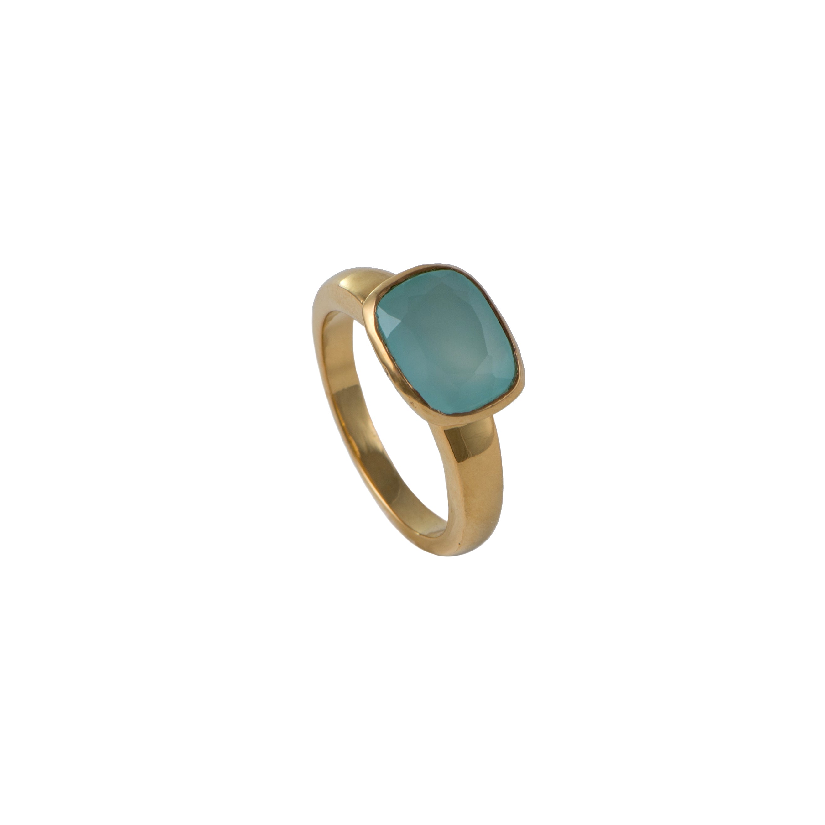 Faceted Rectangular Cut Natural Gemstone Gold Plated Sterling Silver Ring - Aqua Chalcedony