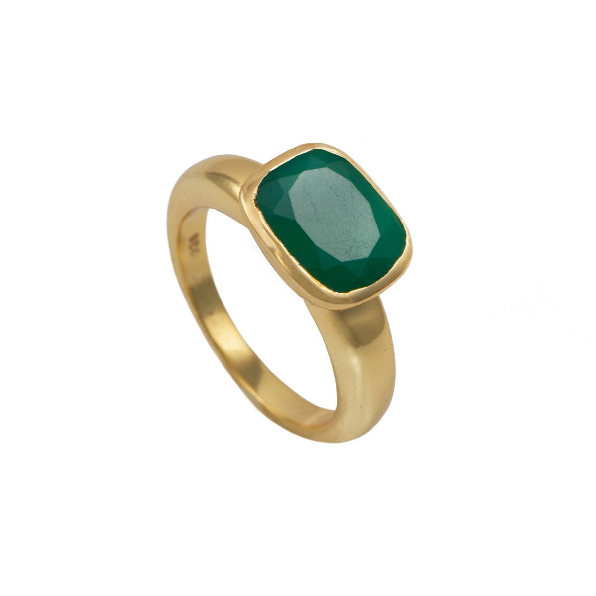 Faceted Rectangular Cut Natural Gemstone Gold Plated Sterling Silver Ring - Green Onyx