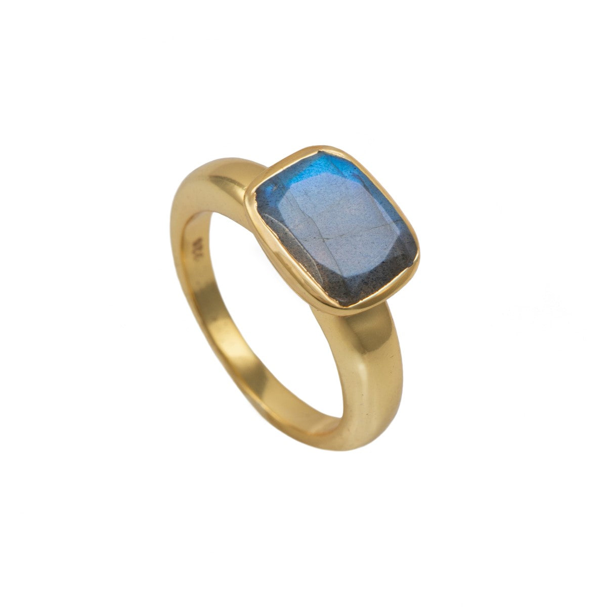 Faceted Rectangular Cut Natural Gemstone Gold Plated Sterling Silver Ring - Labradorite