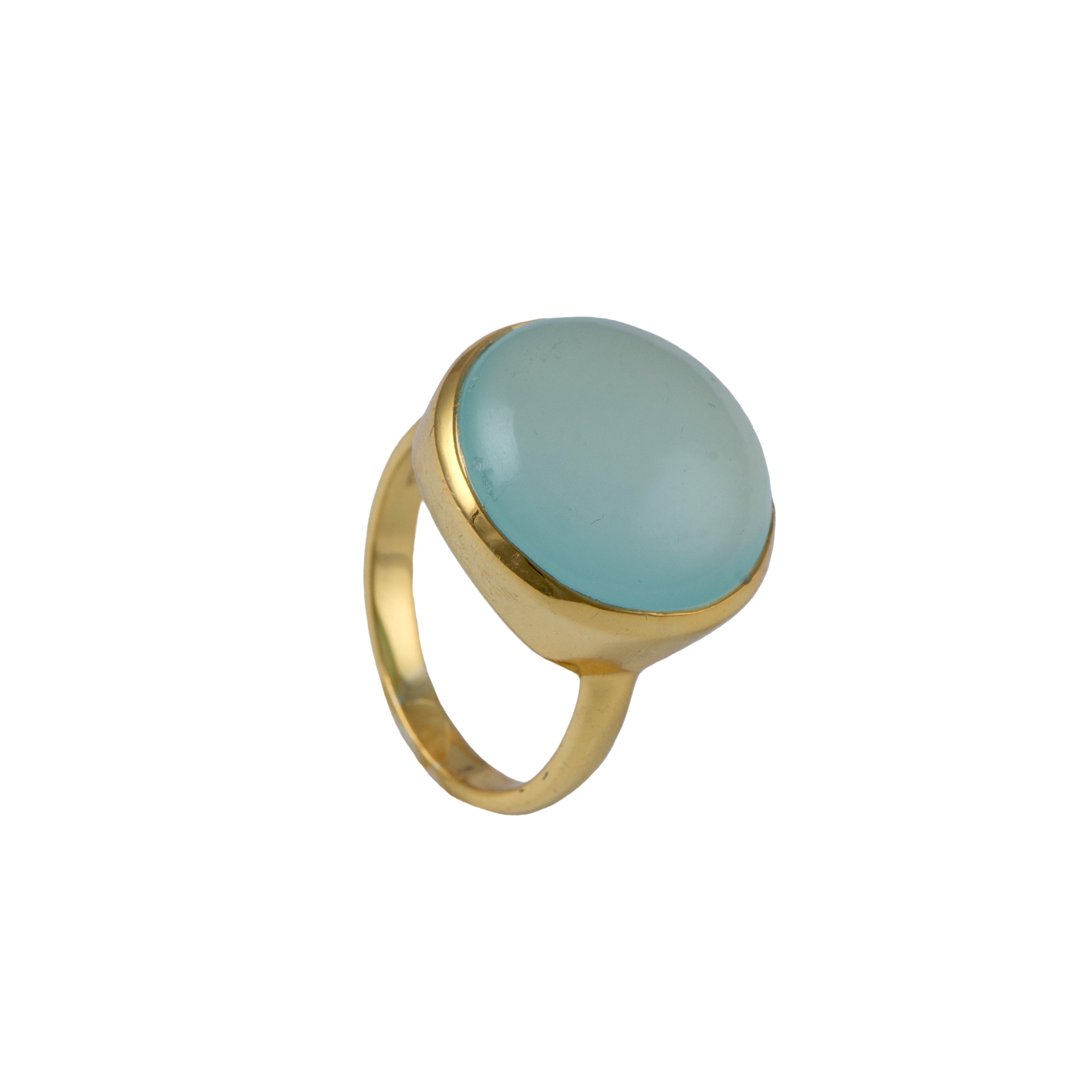 Cabochon Round Cut Natural Gemstone Gold Plated Sterling Silver Ring - Aqua Chalcedony