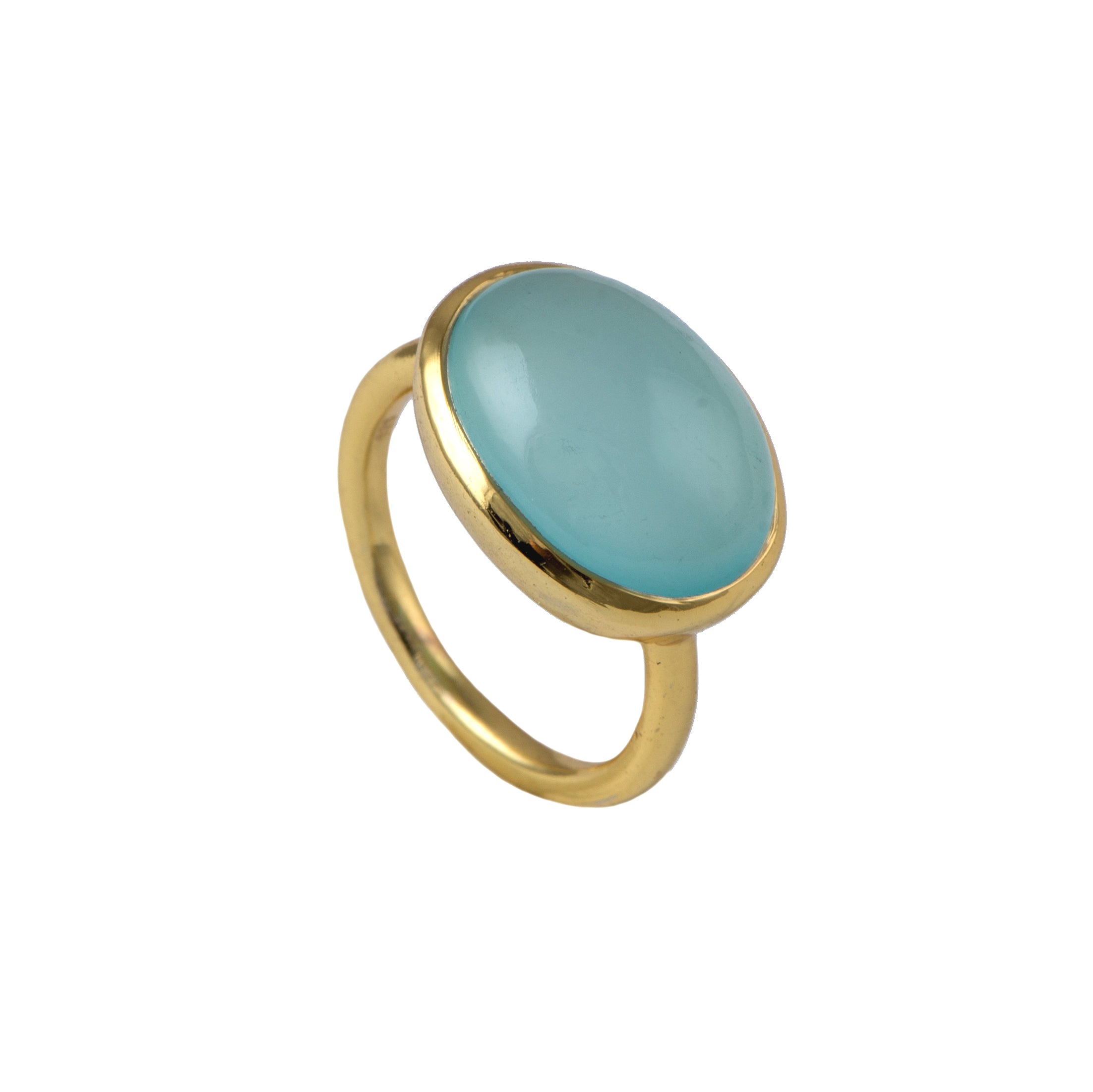 Cabochon Oval Cut Natural Gemstone Gold Plated Sterling Silver Ring - Aqua Chalcedony