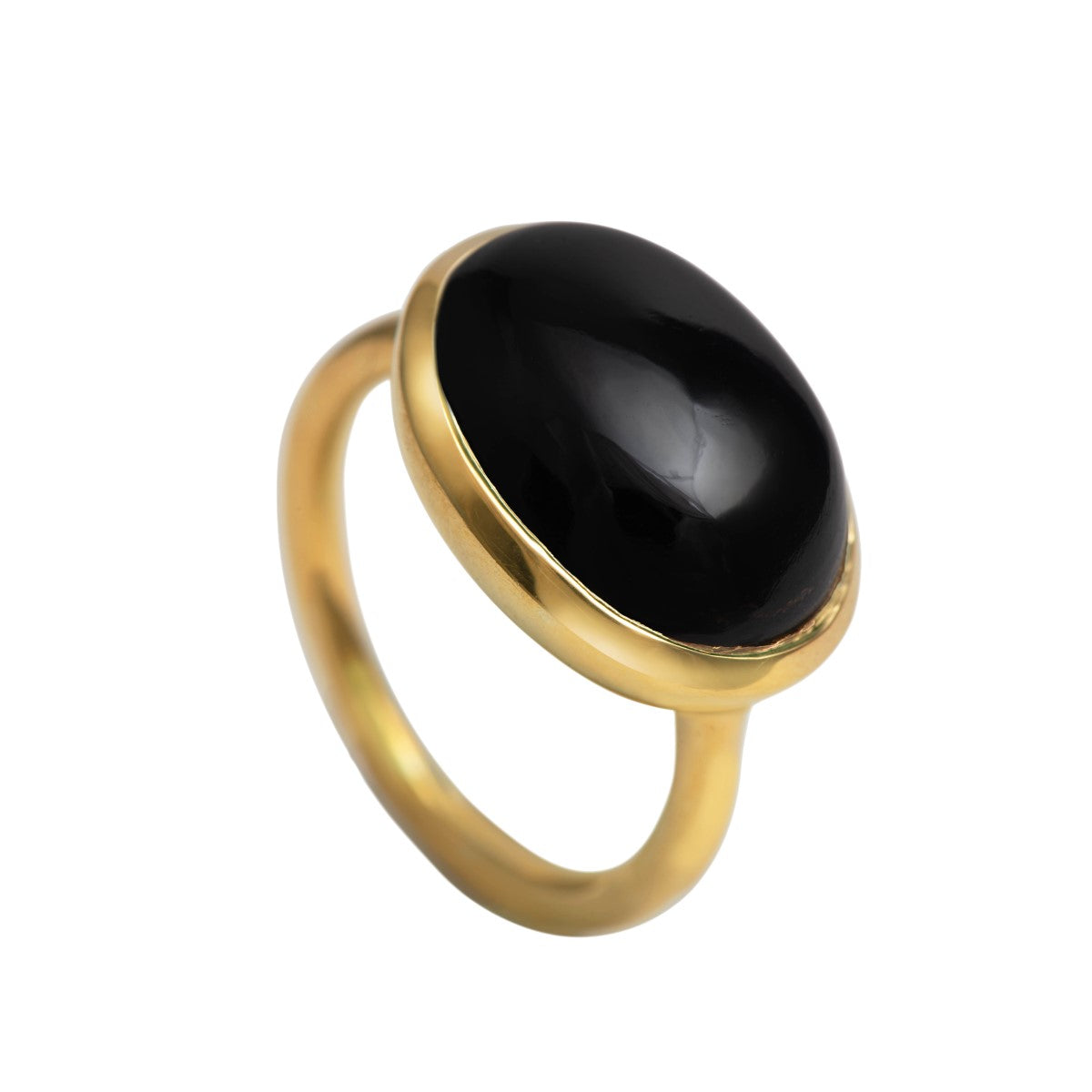 Cabochon Oval Cut Natural Gemstone Gold Plated Sterling Silver Ring - Black Onyx