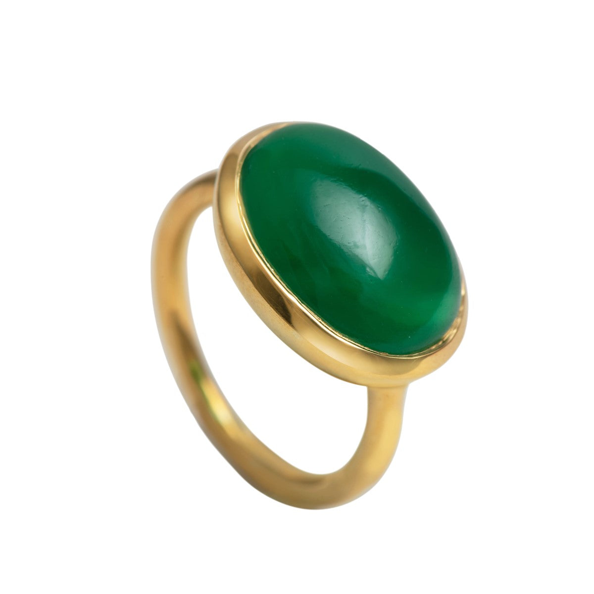 Cabochon Oval Cut Natural Gemstone Gold Plated Sterling Silver Ring - Green Onyx