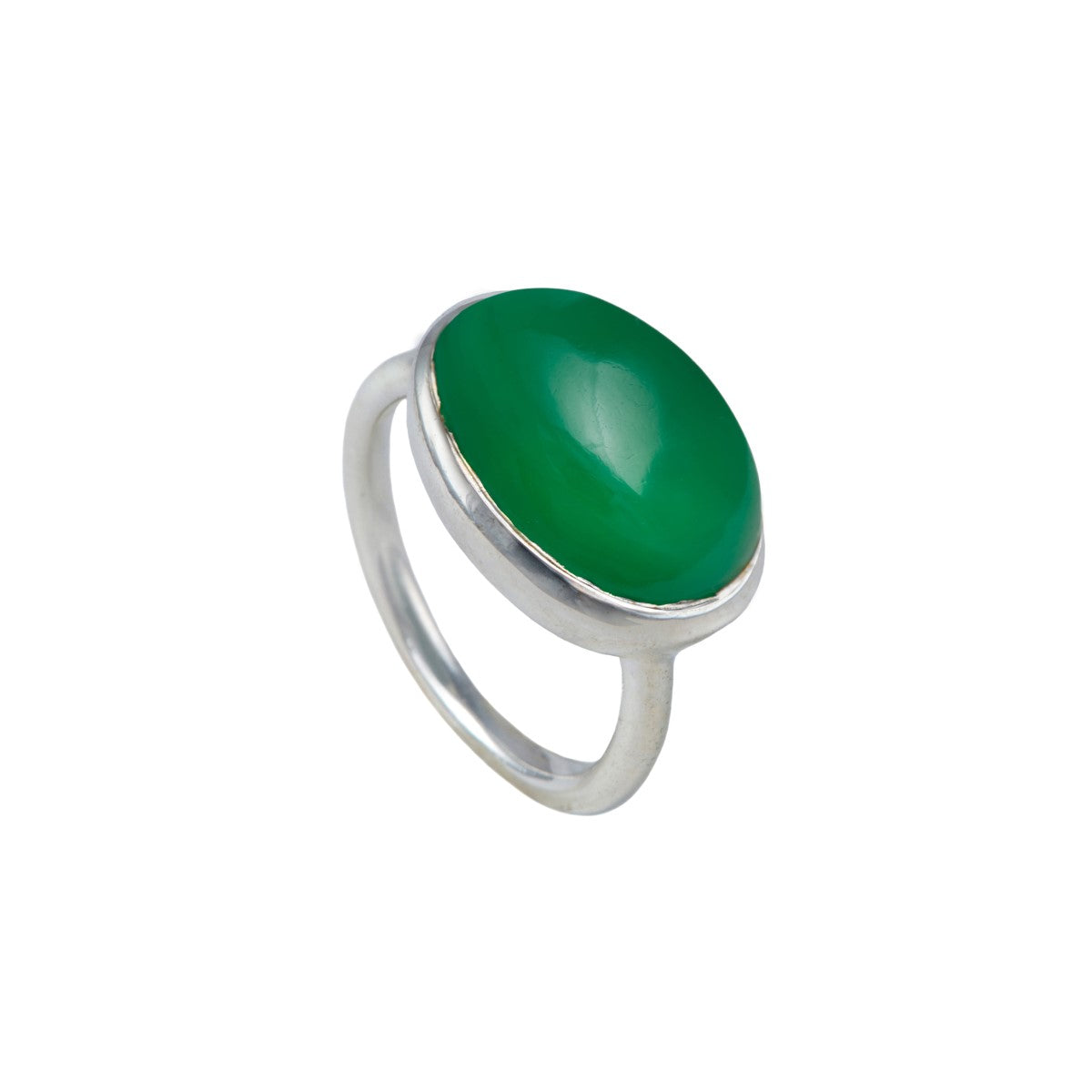 Cabochon Oval Cut Natural Gemstone Sterling Silver Ring - Green Onyx