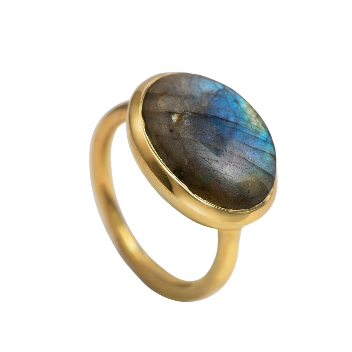 Cabochon Oval Cut Natural Gemstone Gold Plated Sterling Silver Ring - Labradorite