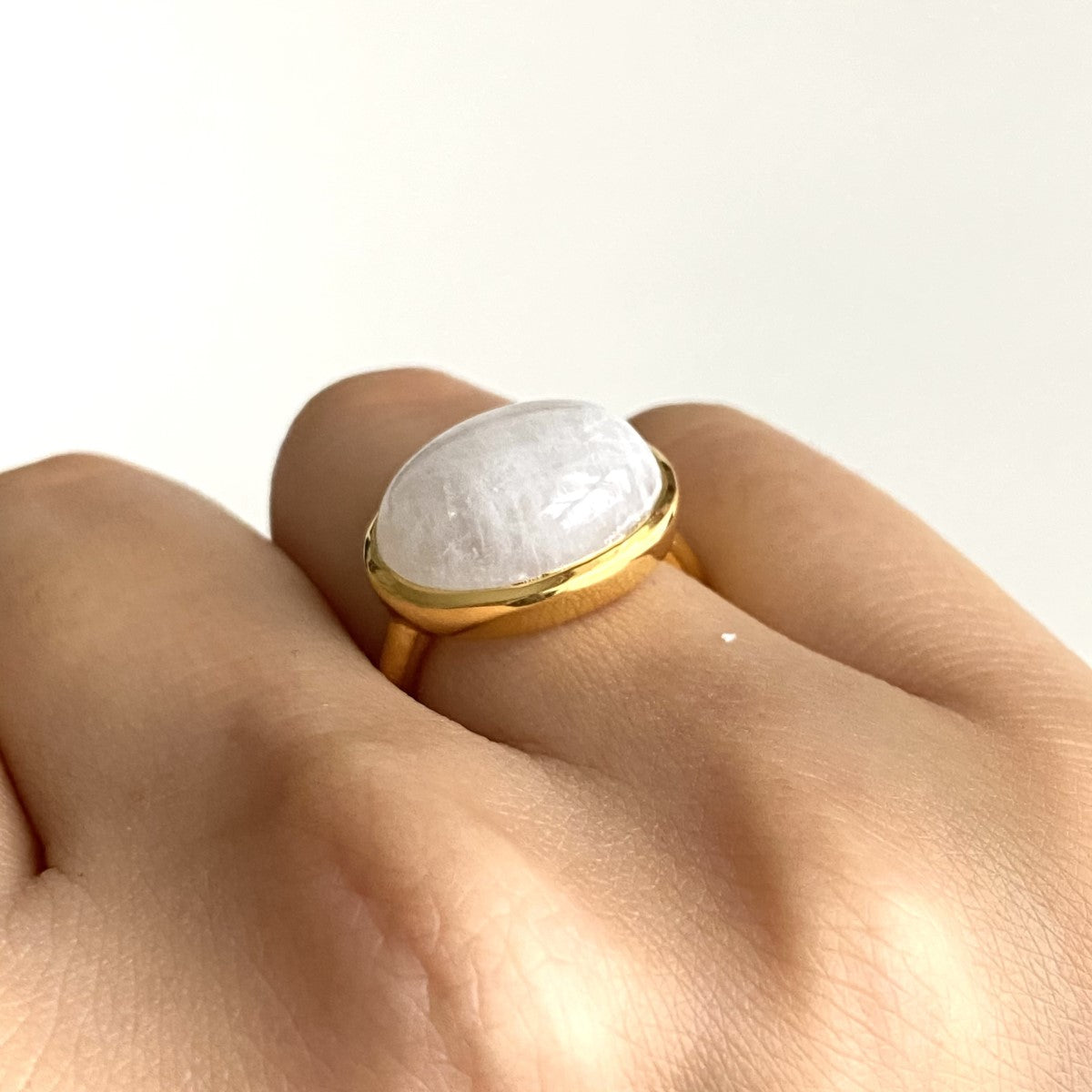 Cabochon Oval Cut Natural Gemstone Gold Plated Sterling Silver Ring - Moonstone