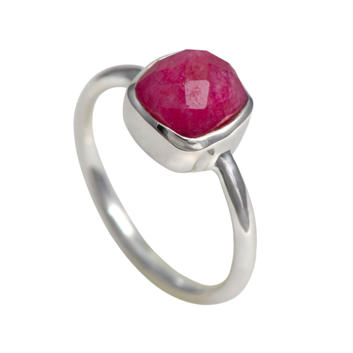 Faceted Square Cut Natural Gemstone Sterling Silver Solitaire Ring - Ruby Quartz
