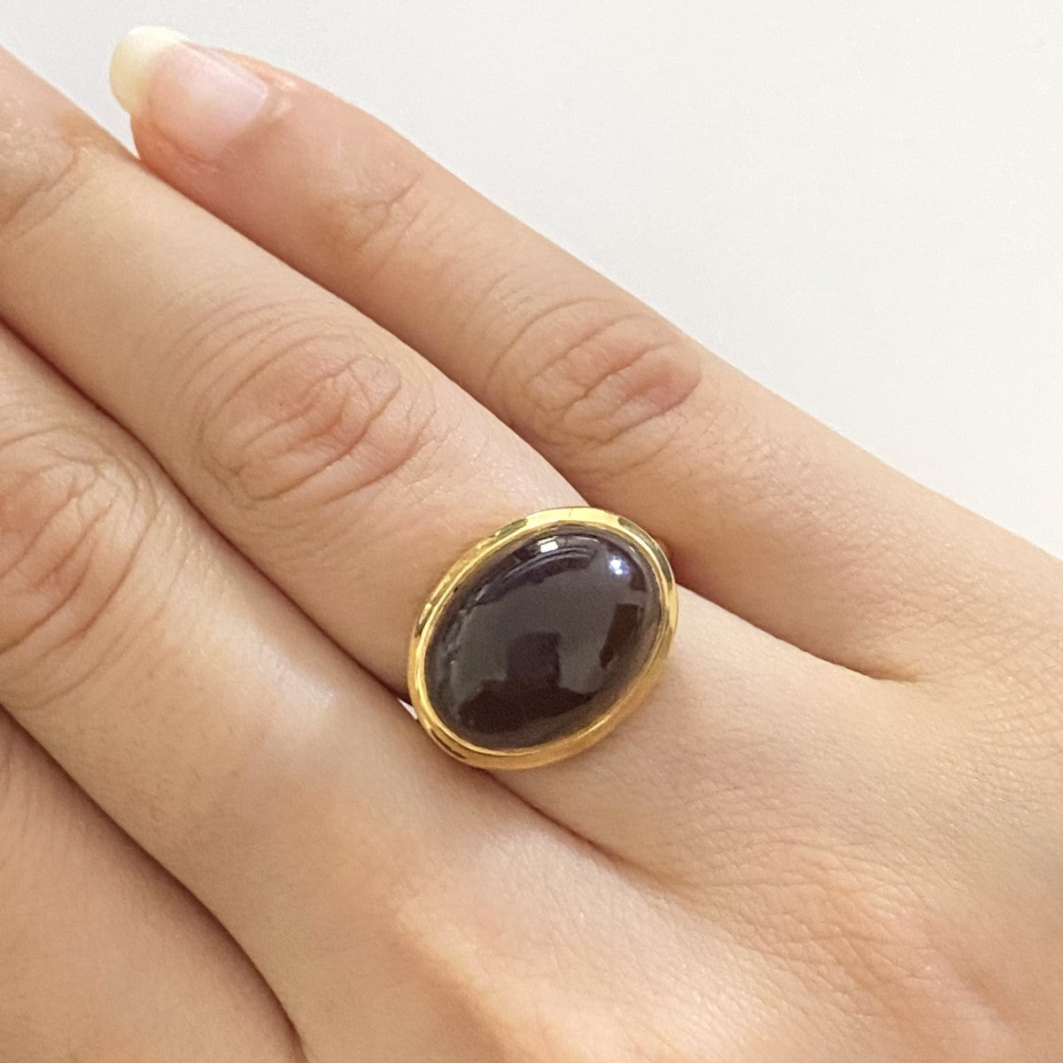 Cabochon Oval Cut Natural Gemstone Gold Plated Sterling Silver Ring - Smoky Quartz