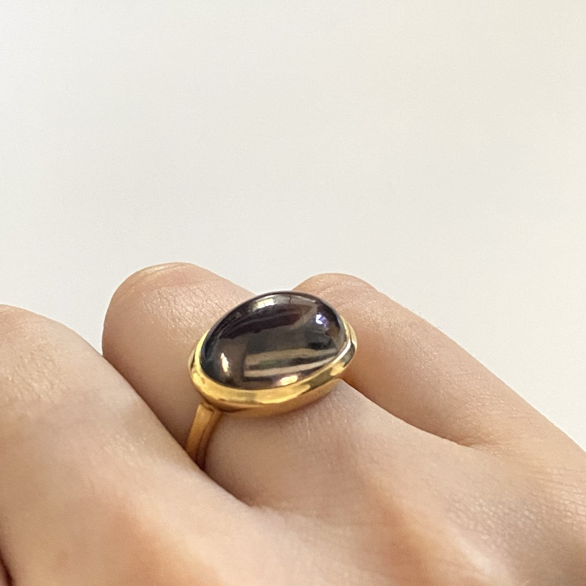 Cabochon Oval Cut Natural Gemstone Gold Plated Sterling Silver Ring - Smoky Quartz