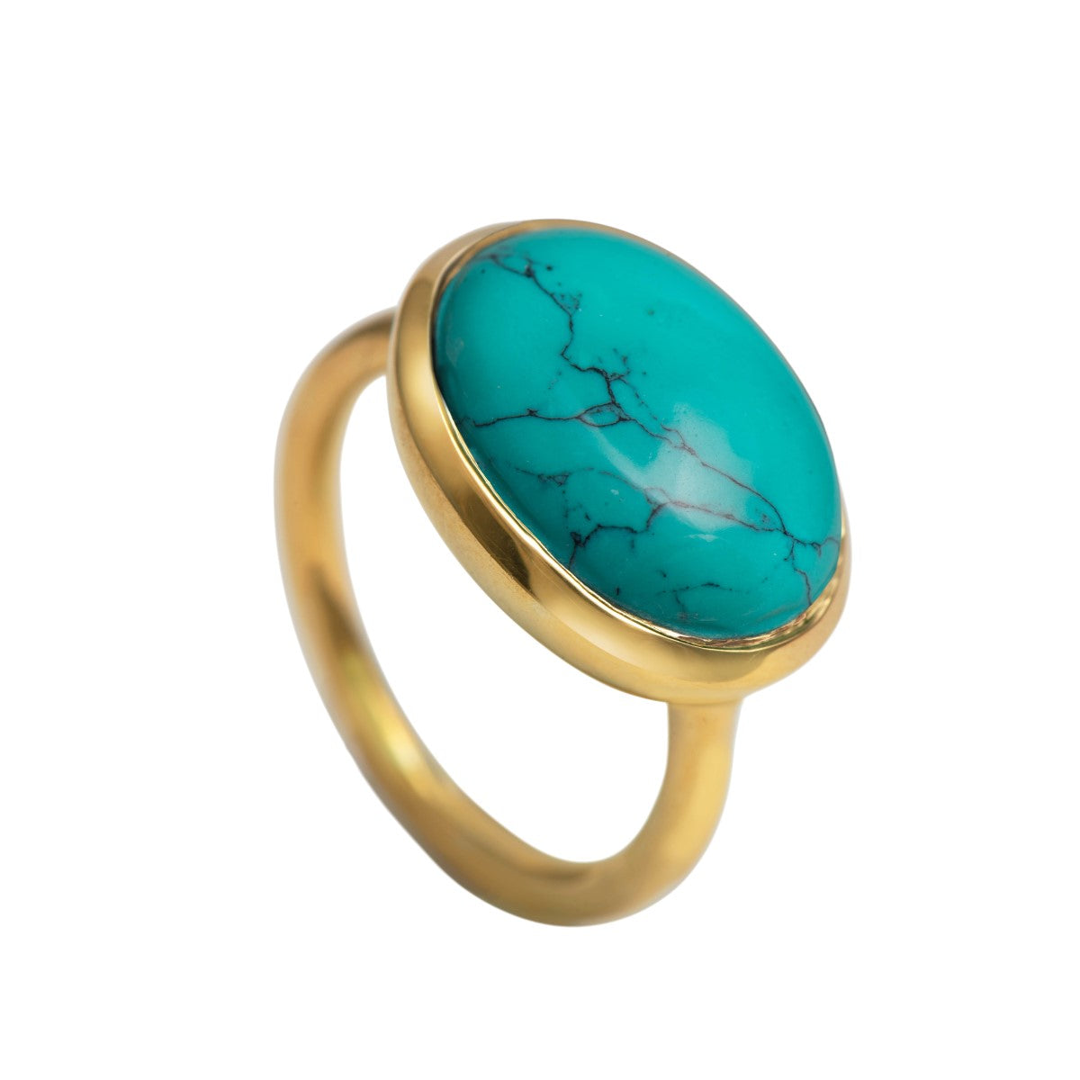Cabochon Oval Cut Natural Gemstone Gold Plated Sterling Silver Ring - Turquoise