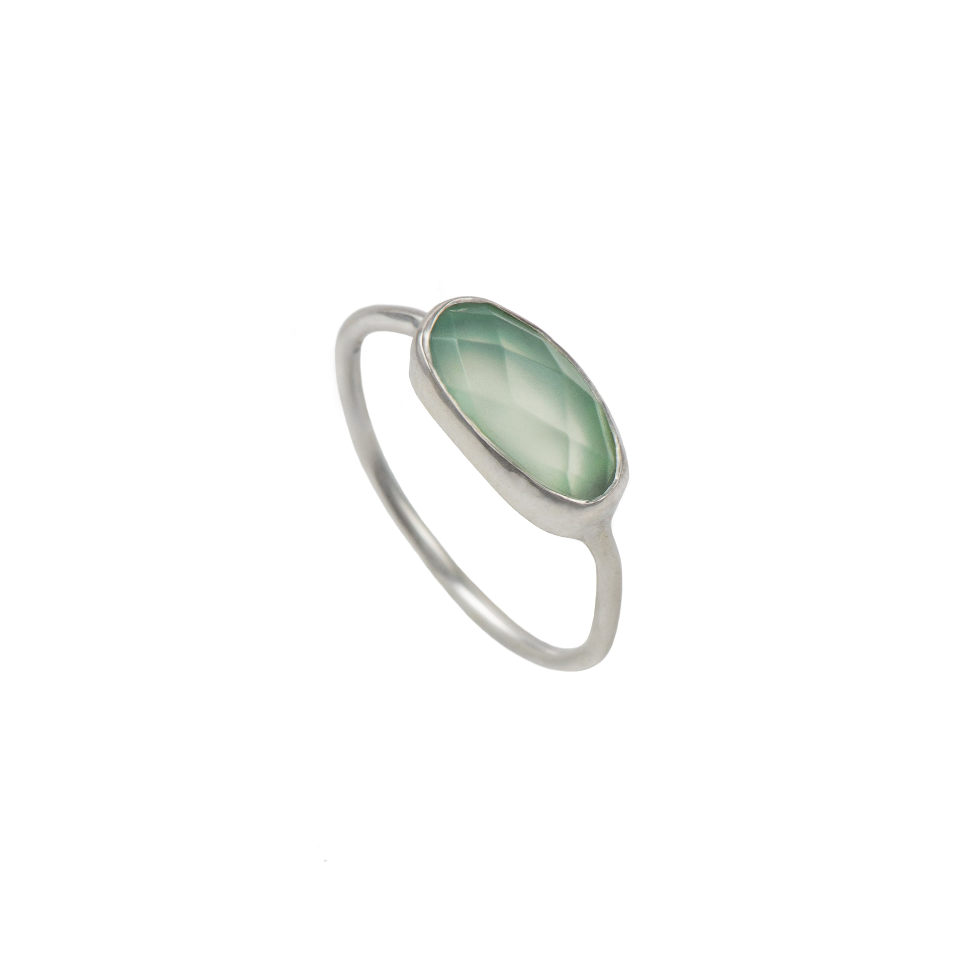 Faceted Oval Cut Natural Gemstone Sterling Silver Fine Band Ring - Aqua Chalcedony