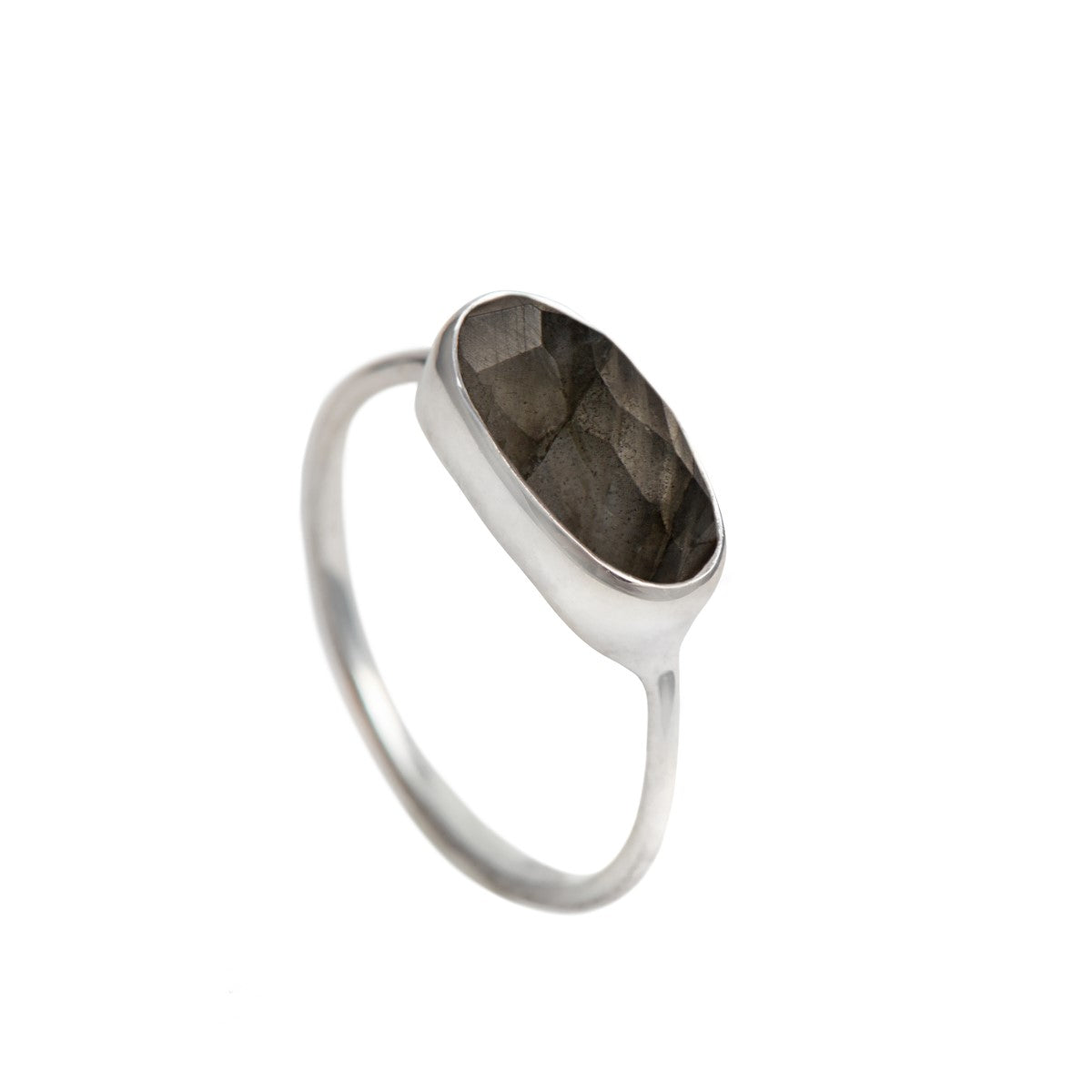 Faceted Oval Cut Natural Gemstone Sterling Silver Fine Band Ring - Labradorite