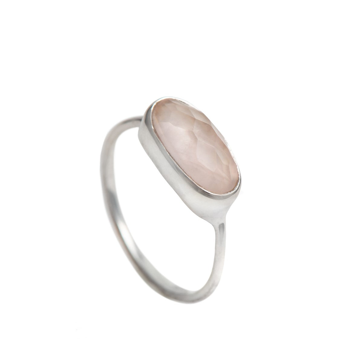 Faceted Oval Cut Natural Gemstone Sterling Silver Fine Band Ring - Rose Quartz