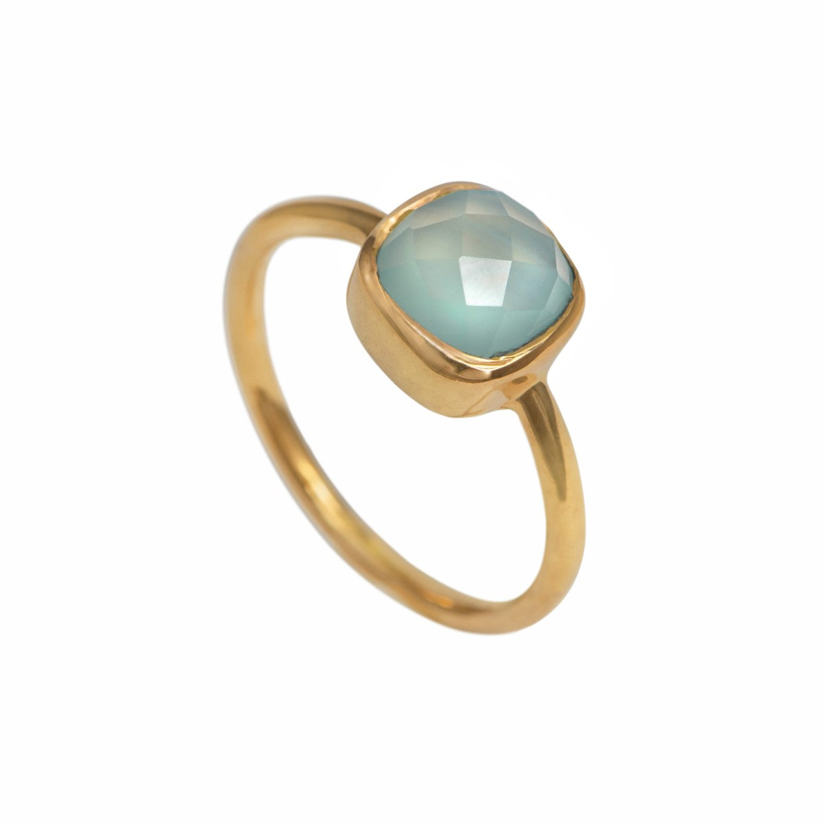 Faceted Square Cut Natural Gemstone Gold Plated Sterling Silver Solitaire Ring - Aqua Chalcedony