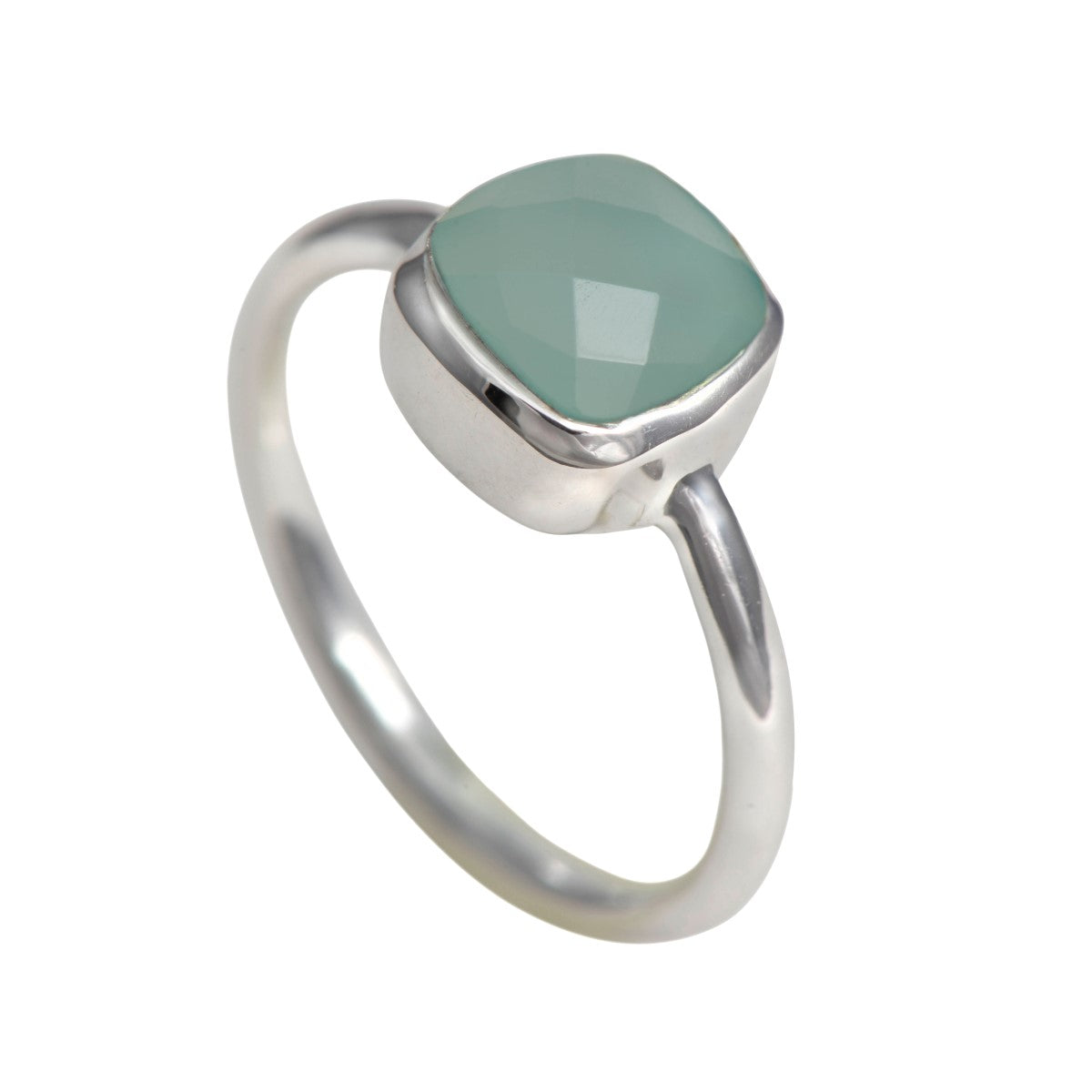 Faceted Square Cut Natural Gemstone Sterling Silver Solitaire Ring - Aqua Chalcedony
