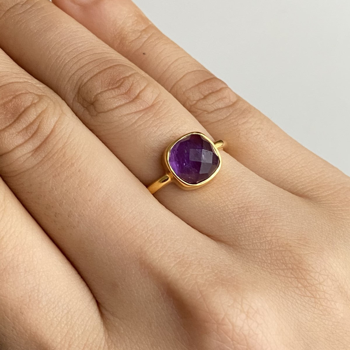 Faceted Square Cut Natural Gemstone Gold Plated Sterling Silver Solitaire Ring - Amethyst