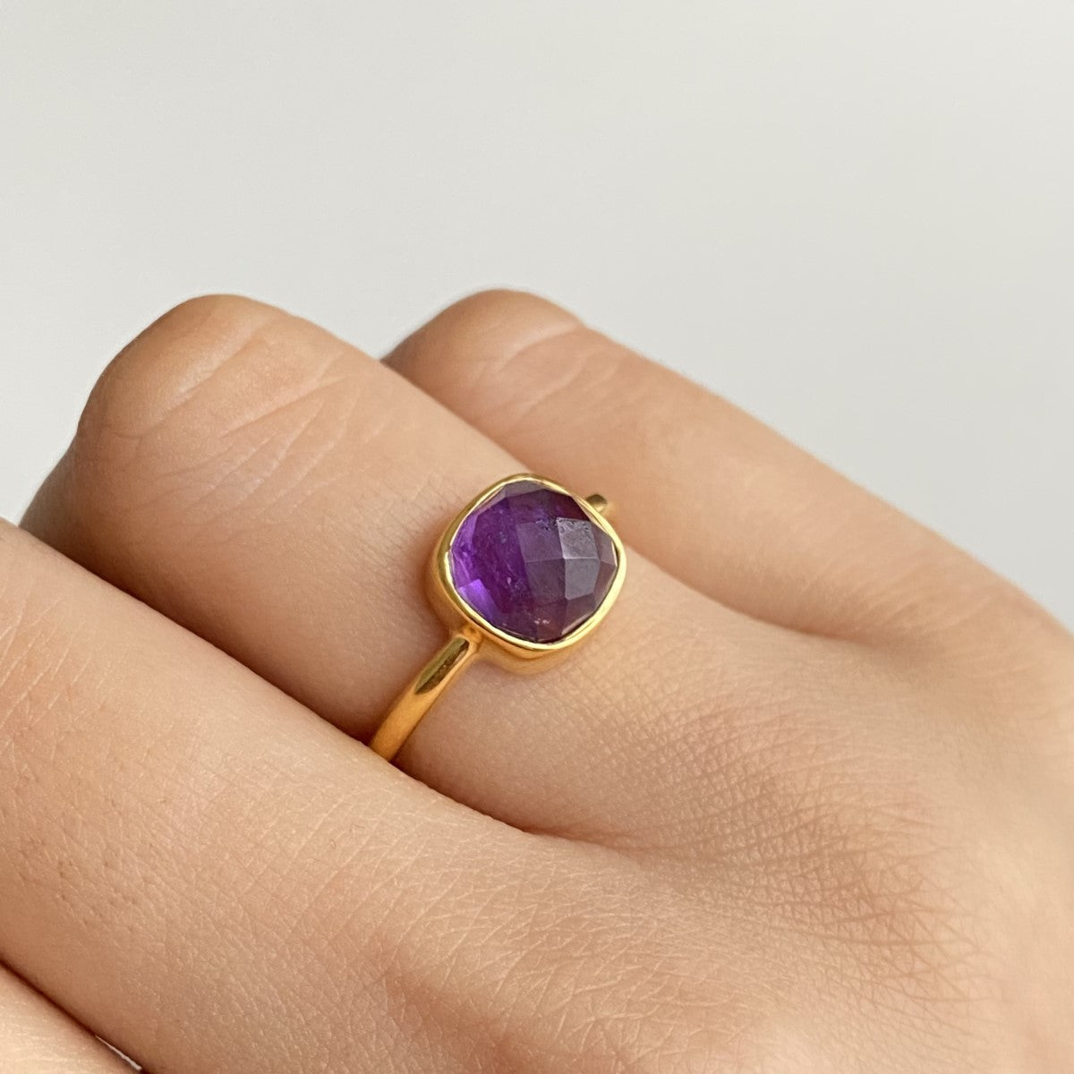 Faceted Square Cut Natural Gemstone Gold Plated Sterling Silver Solitaire Ring - Amethyst