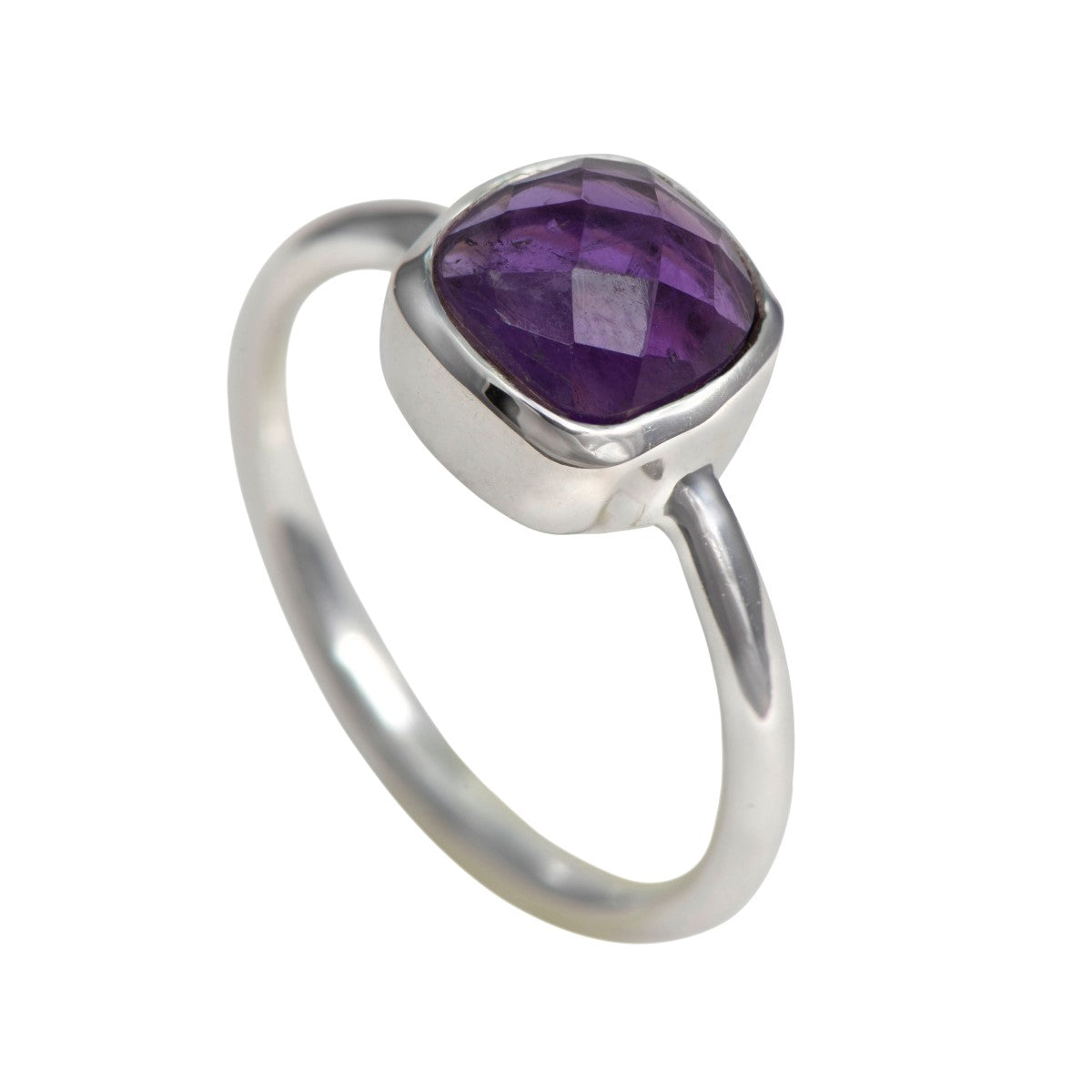 Faceted Square Cut Natural Gemstone Sterling Silver Solitaire Ring - Amethyst