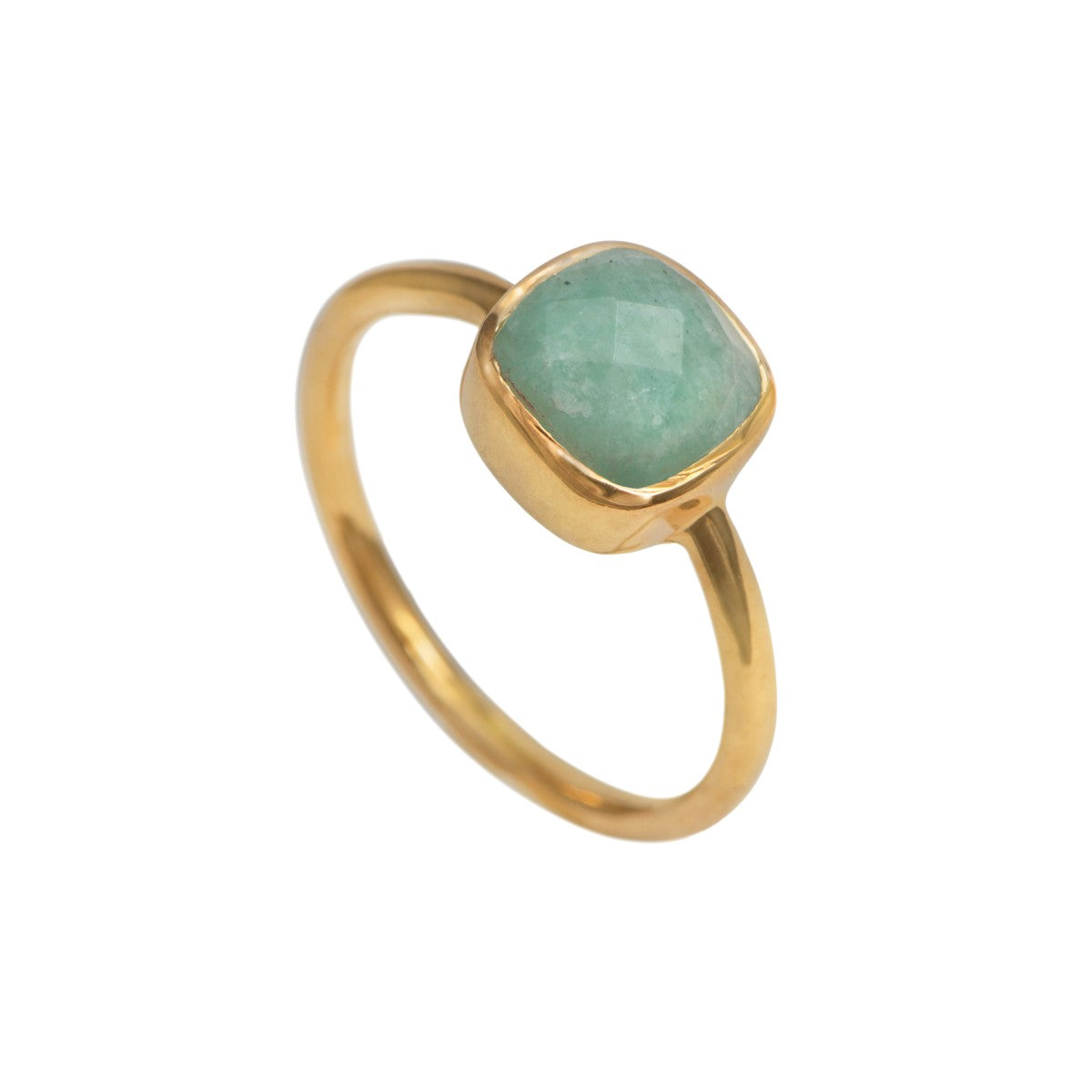 Faceted Square Cut Natural Gemstone Gold Plated Sterling Silver Solitaire Ring - Amazonite