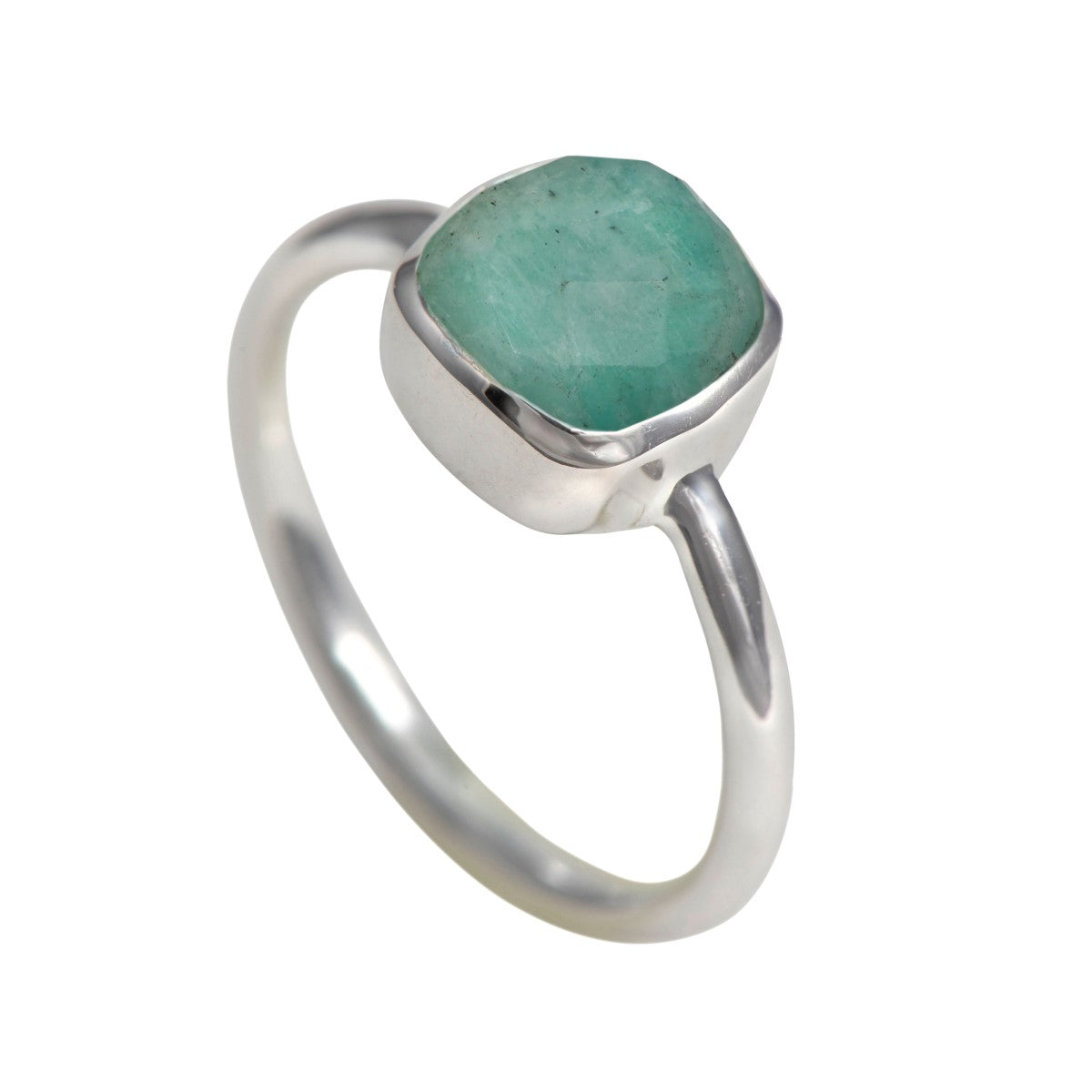 Faceted Square Cut Natural Gemstone Sterling Silver Solitaire Ring - Amazonite