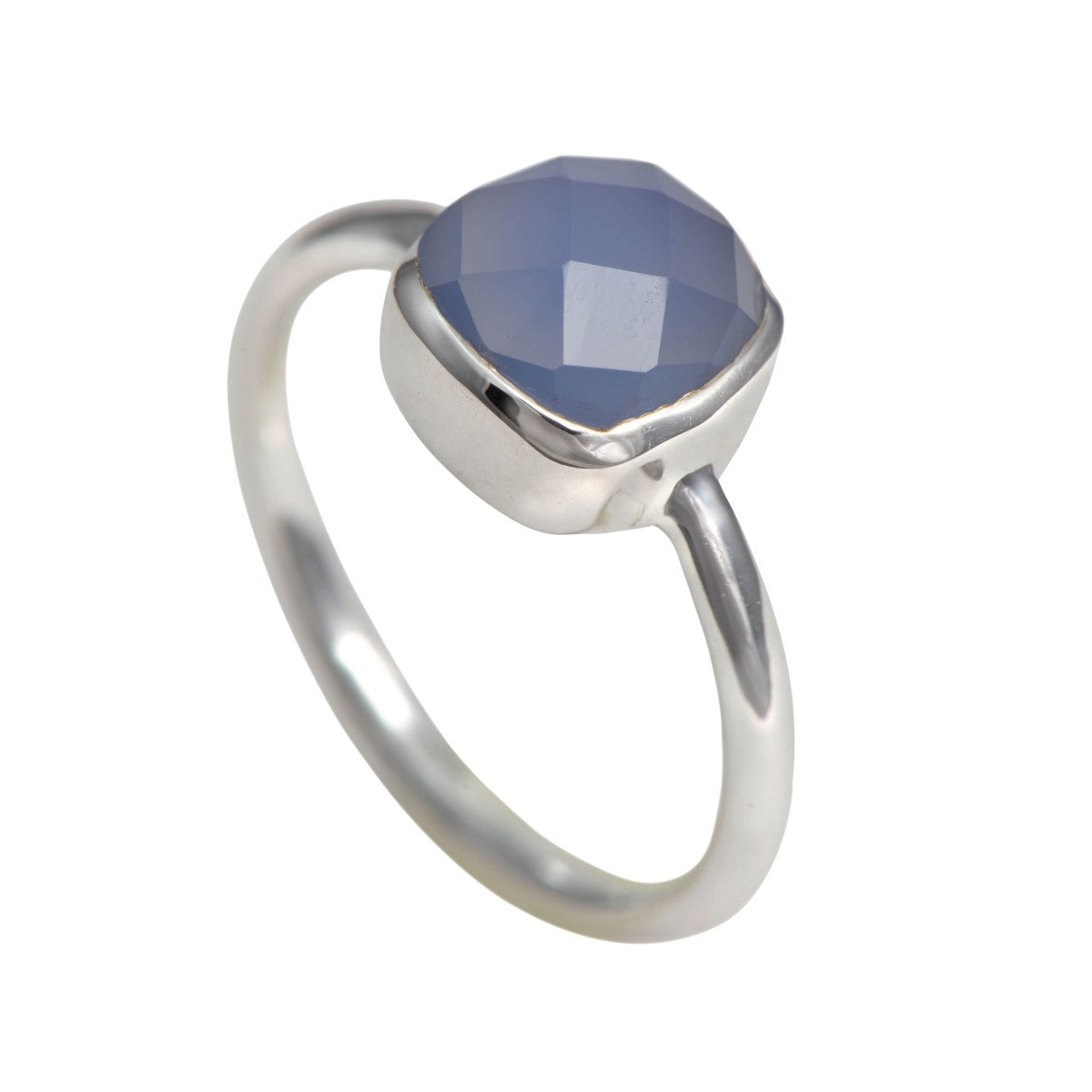Faceted Square Cut Natural Gemstone Sterling Silver Solitaire Ring - Blue Chalcedony