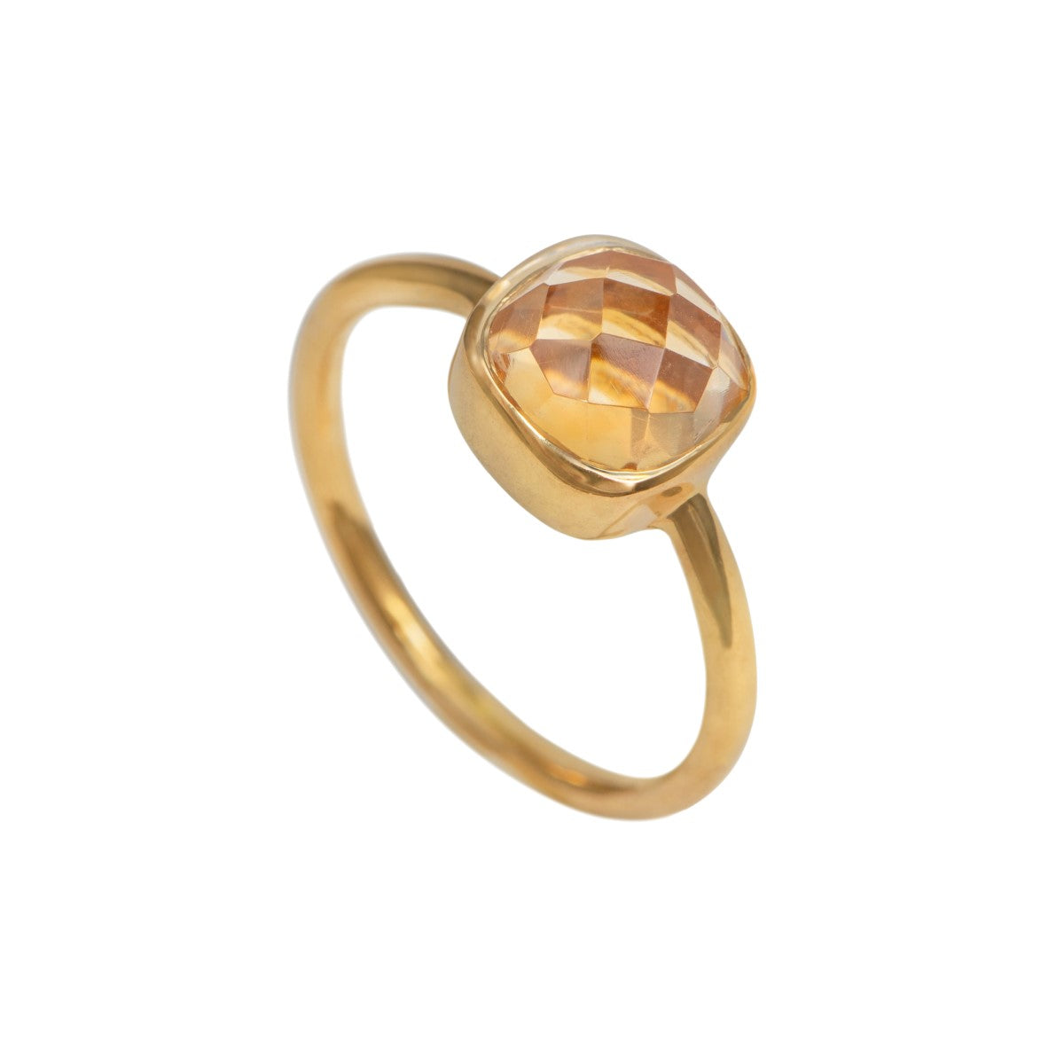 Faceted Square Cut Natural Gemstone Gold Plated Sterling Silver Solitaire Ring - Citrine