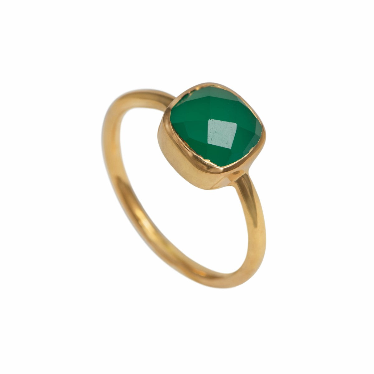 Faceted Square Cut Natural Gemstone Gold Plated Sterling Silver Solitaire Ring - Green Onyx