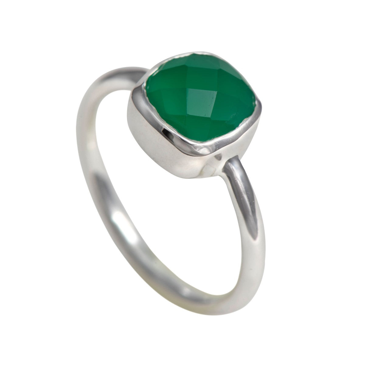 Faceted Square Cut Natural Gemstone Sterling Silver Solitaire Ring - Green Onyx