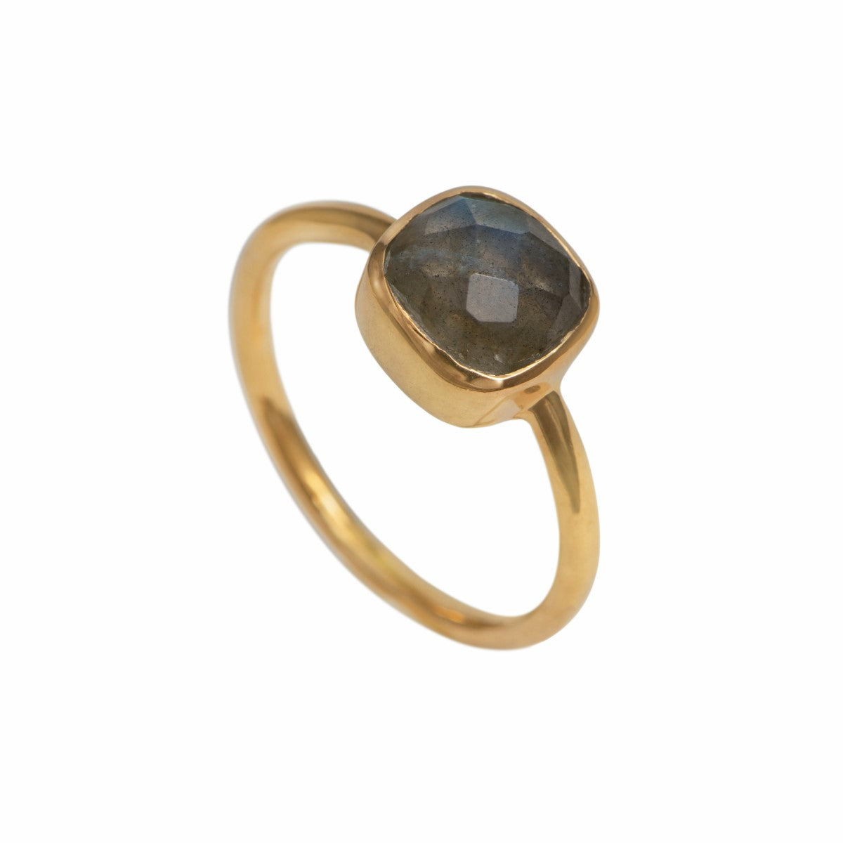 Faceted Square Cut Natural Gemstone Gold Plated Sterling Silver Solitaire Ring - Labradorite