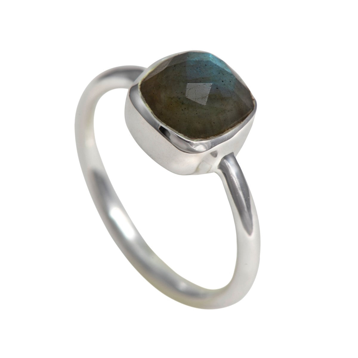 Faceted Square Cut Natural Gemstone Sterling Silver Solitaire Ring - Labradorite