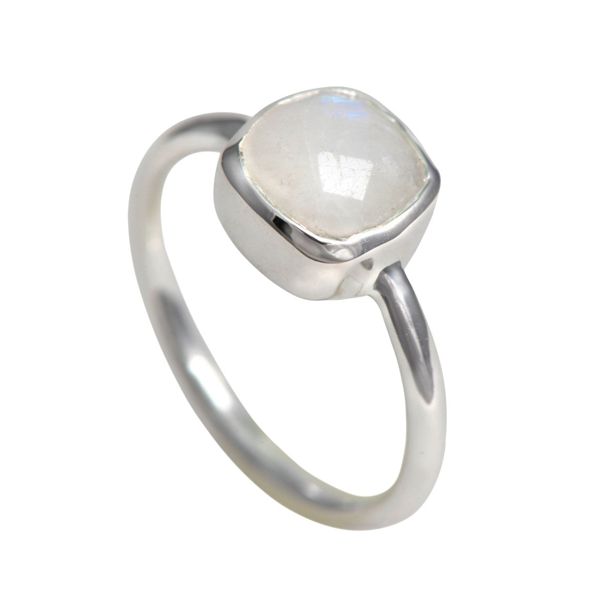 Faceted Square Cut Natural Gemstone Sterling Silver Solitaire Ring - Moonstone