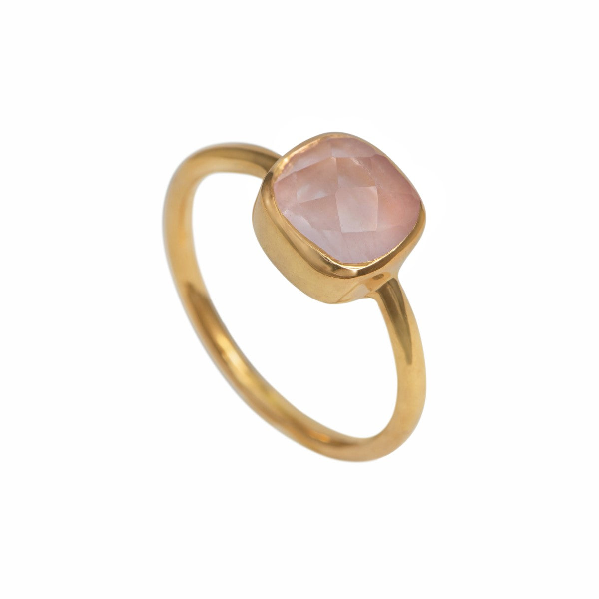 Faceted Square Cut Natural Gemstone Gold Plated Sterling Silver Solitaire Ring - Rose Quartz