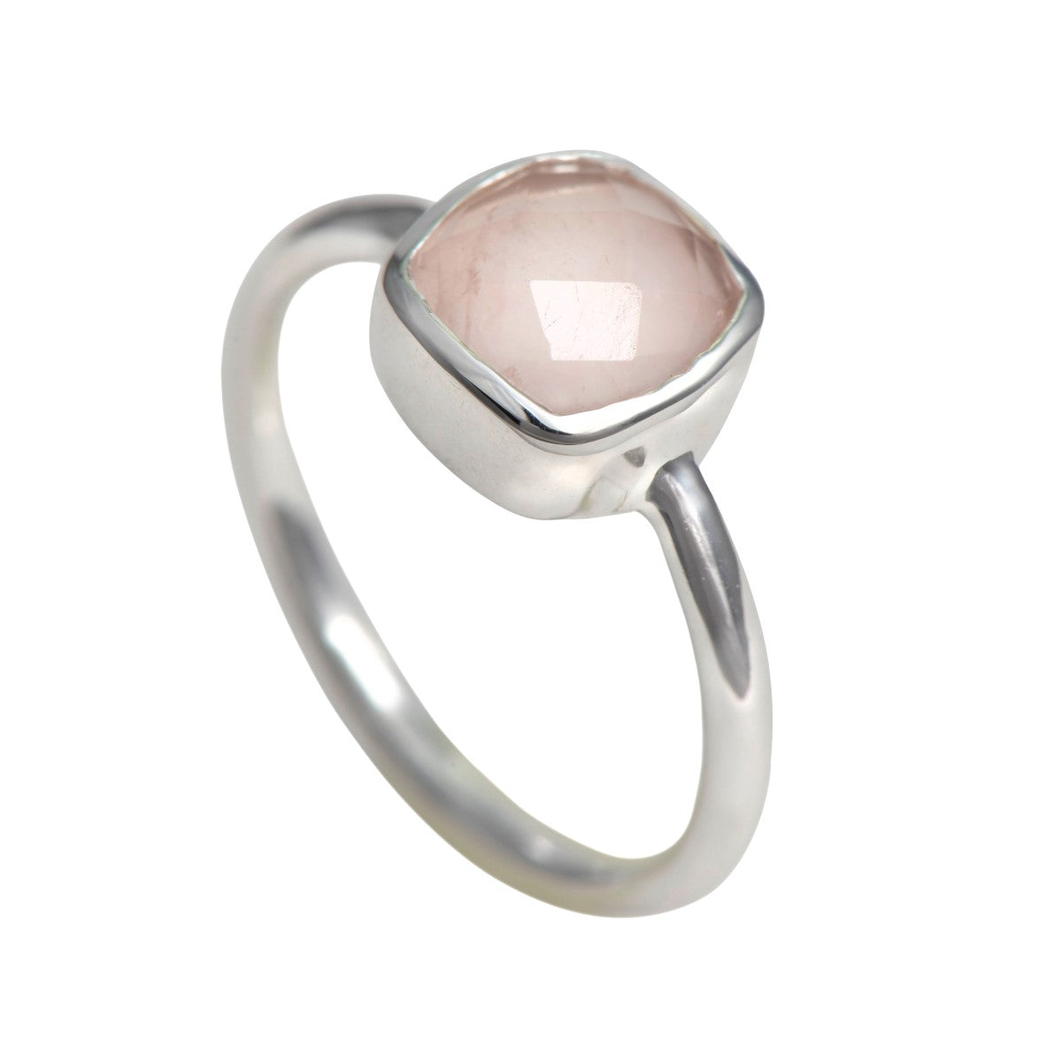 Faceted Square Cut Natural Gemstone Sterling Silver Solitaire Ring - Rose Quartz