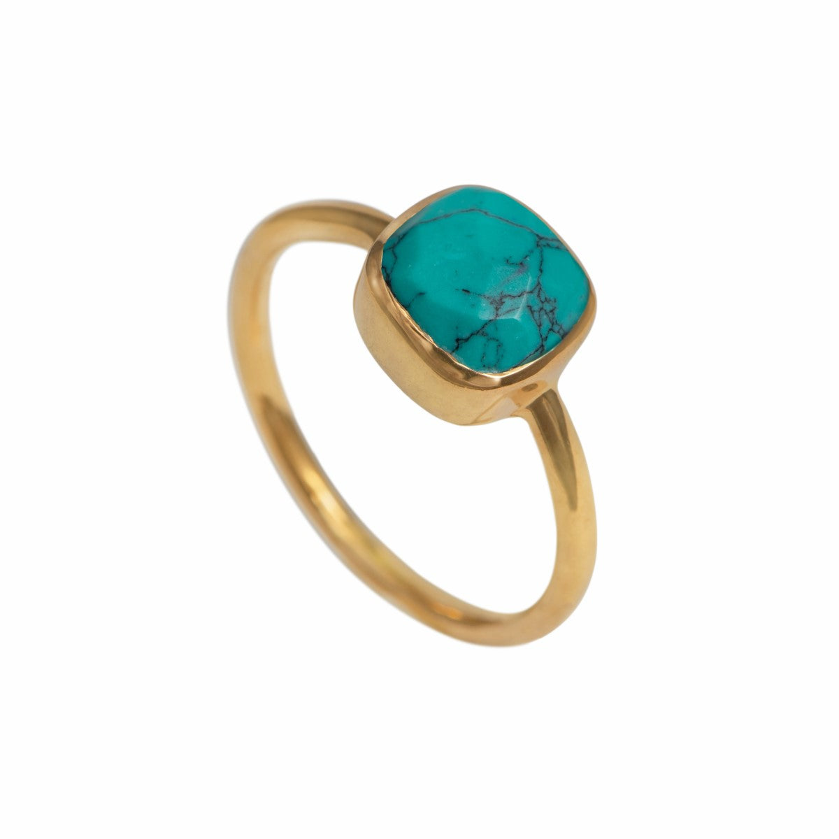 Faceted Square Cut Natural Gemstone Gold Plated Sterling Silver Solitaire Ring - Turquoise