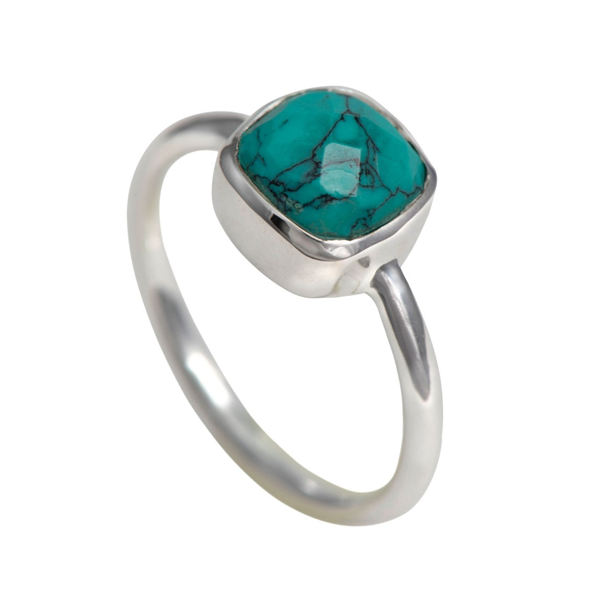 Faceted Square Cut Natural Gemstone Sterling Silver Solitaire Ring - Turquoise
