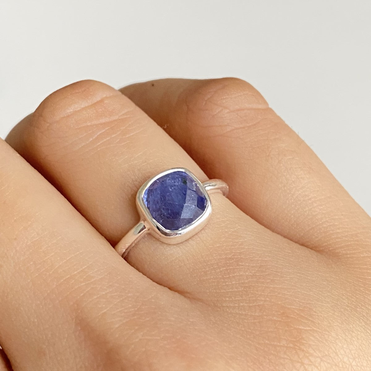 Faceted Square Cut Natural Gemstone Sterling Silver Solitaire Ring - Tanzanite