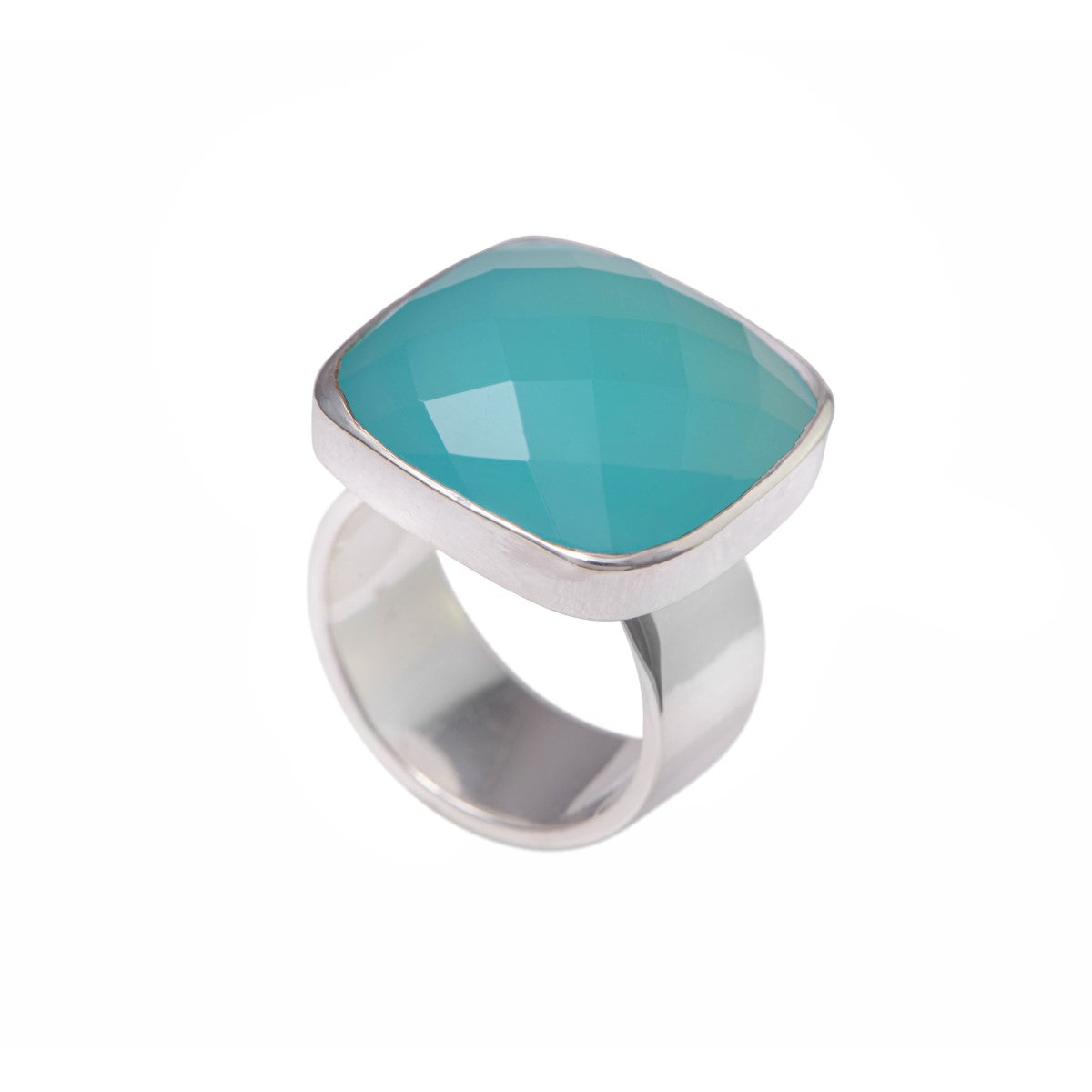 Chunky Sterling Silver Square Aqua Chalcedony Gemstone Ring