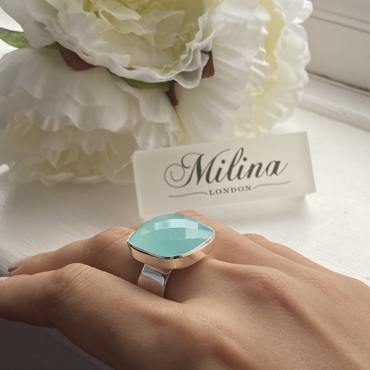 Chunky Sterling Silver Square Aqua Chalcedony Gemstone Ring