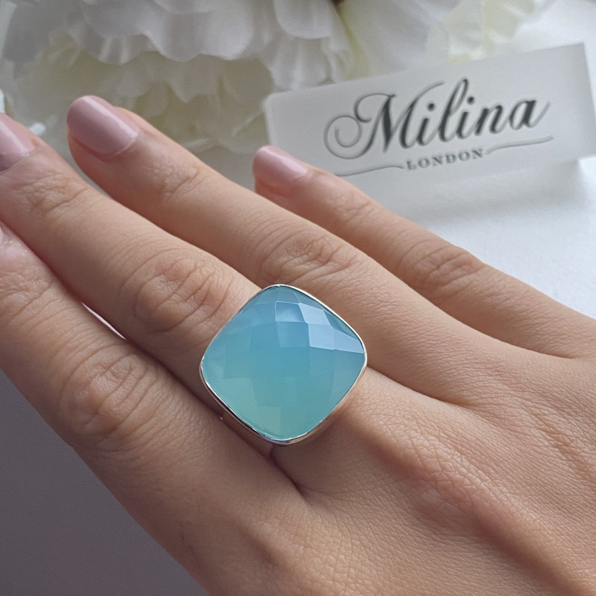 Chunky Sterling Silver Square Aqua Chalcedony Gemstone Ring