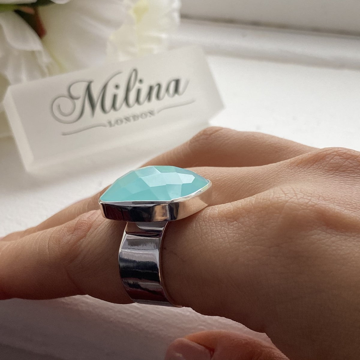 Chunky Sterling Silver Square Aqua Chalcedony Gemstone Ring