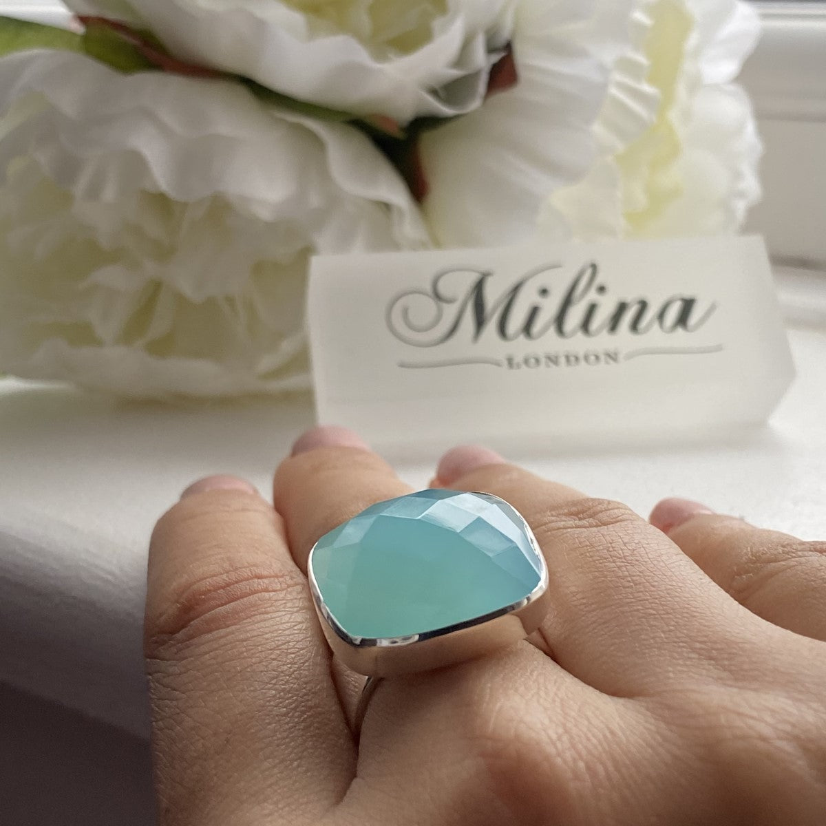 Chunky Sterling Silver Square Aqua Chalcedony Gemstone Ring