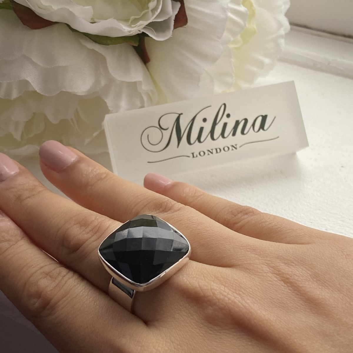 Chunky Sterling Silver Square Black Onyx Gemstone Ring