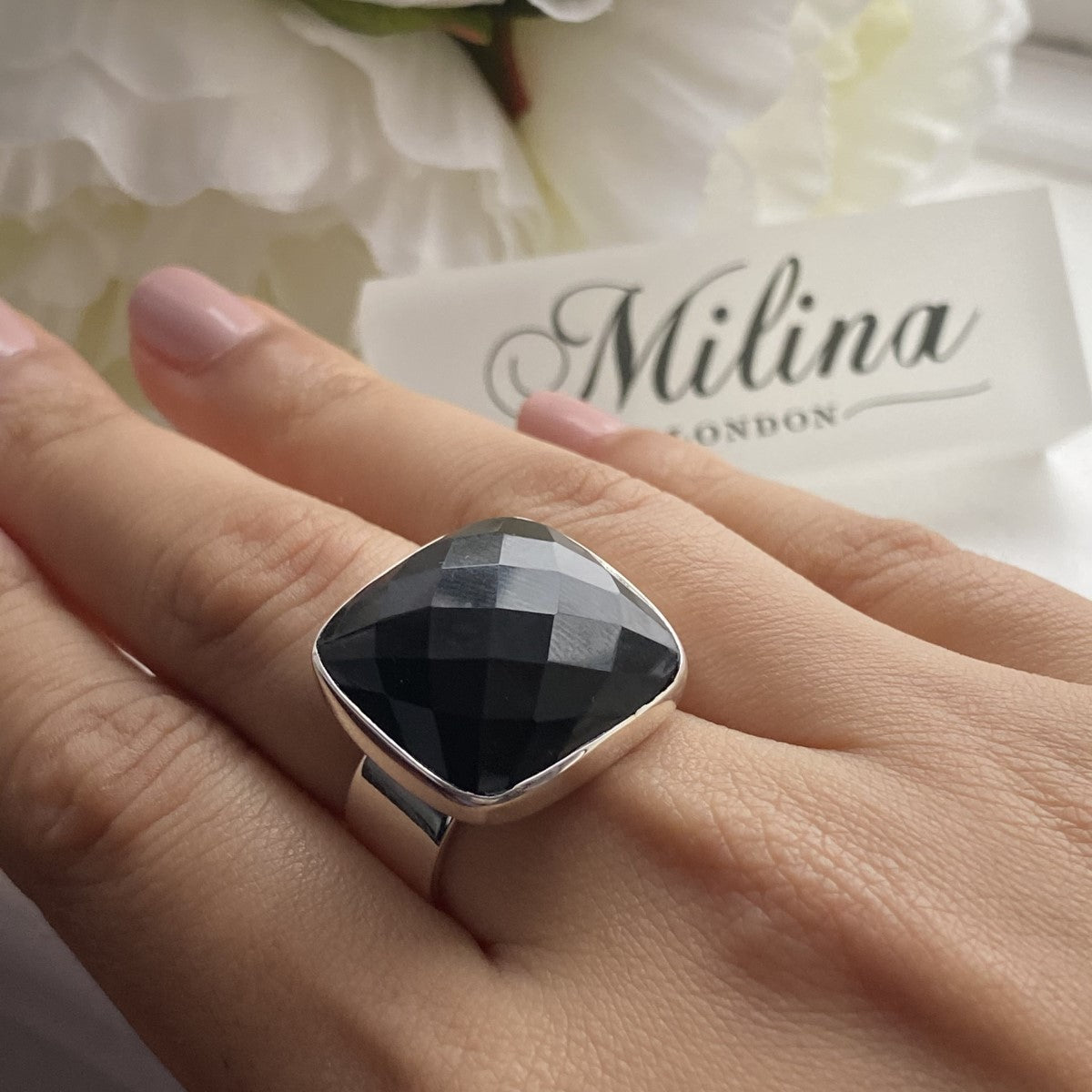 Chunky Sterling Silver Square Black Onyx Gemstone Ring