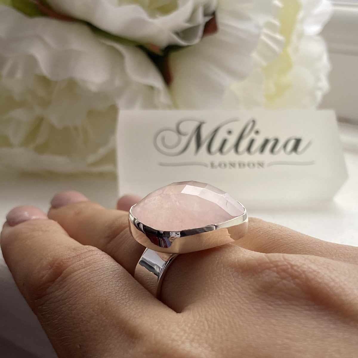 Chunky Sterling Silver Square Rose Quartz Gemstone Ring