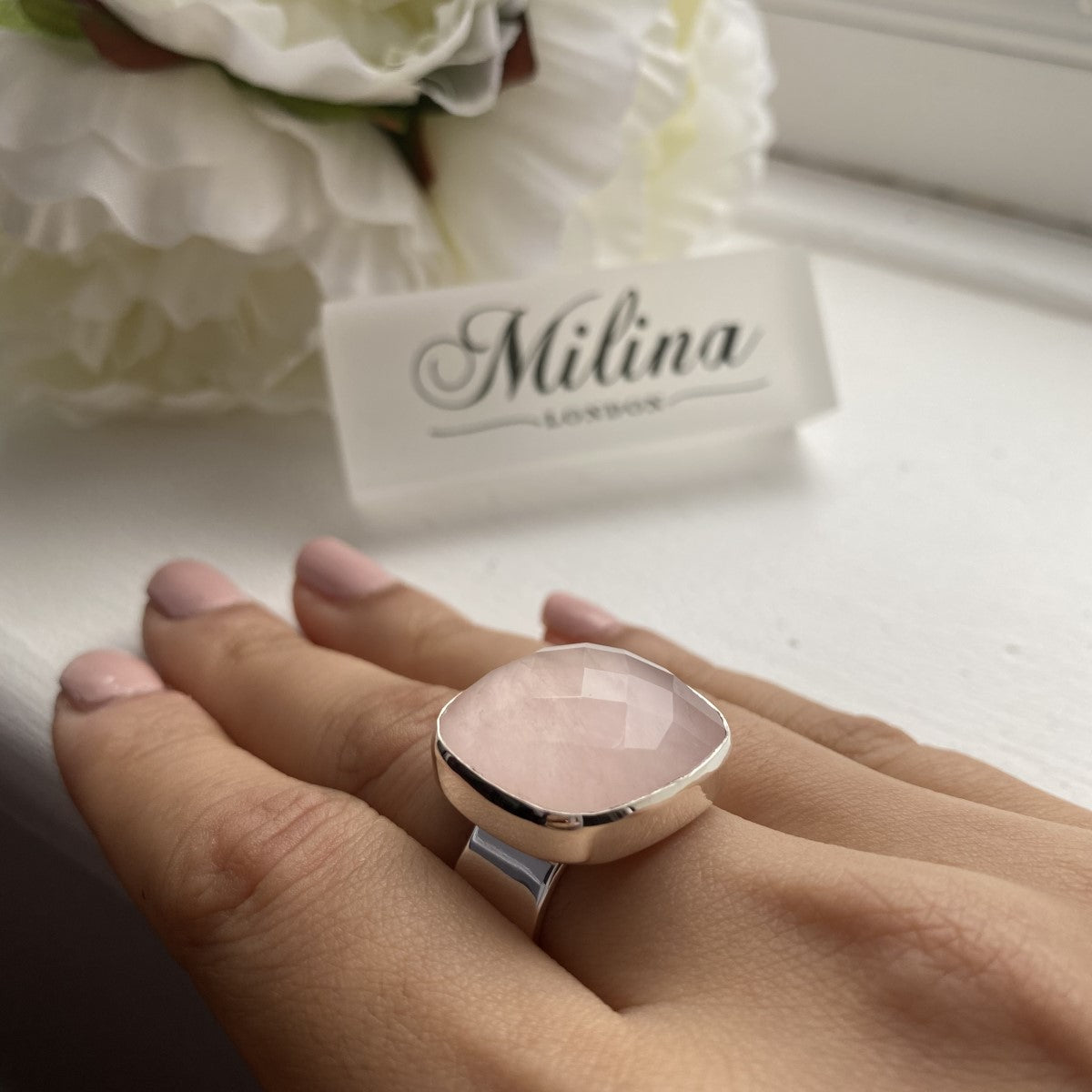 Chunky Sterling Silver Square Rose Quartz Gemstone Ring – Milina