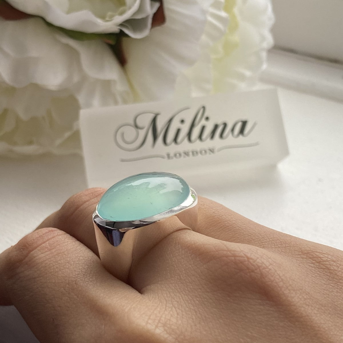 Statement Sterling Silver Aqua Chalcedony Gemstone Ring